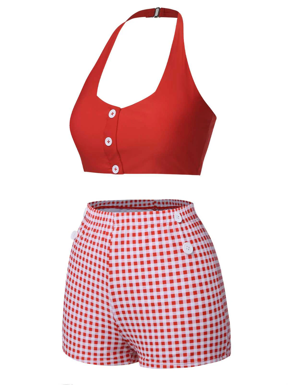 [US Warehouse] Red 1950s Halter Plaids Swimsuit - Image 3