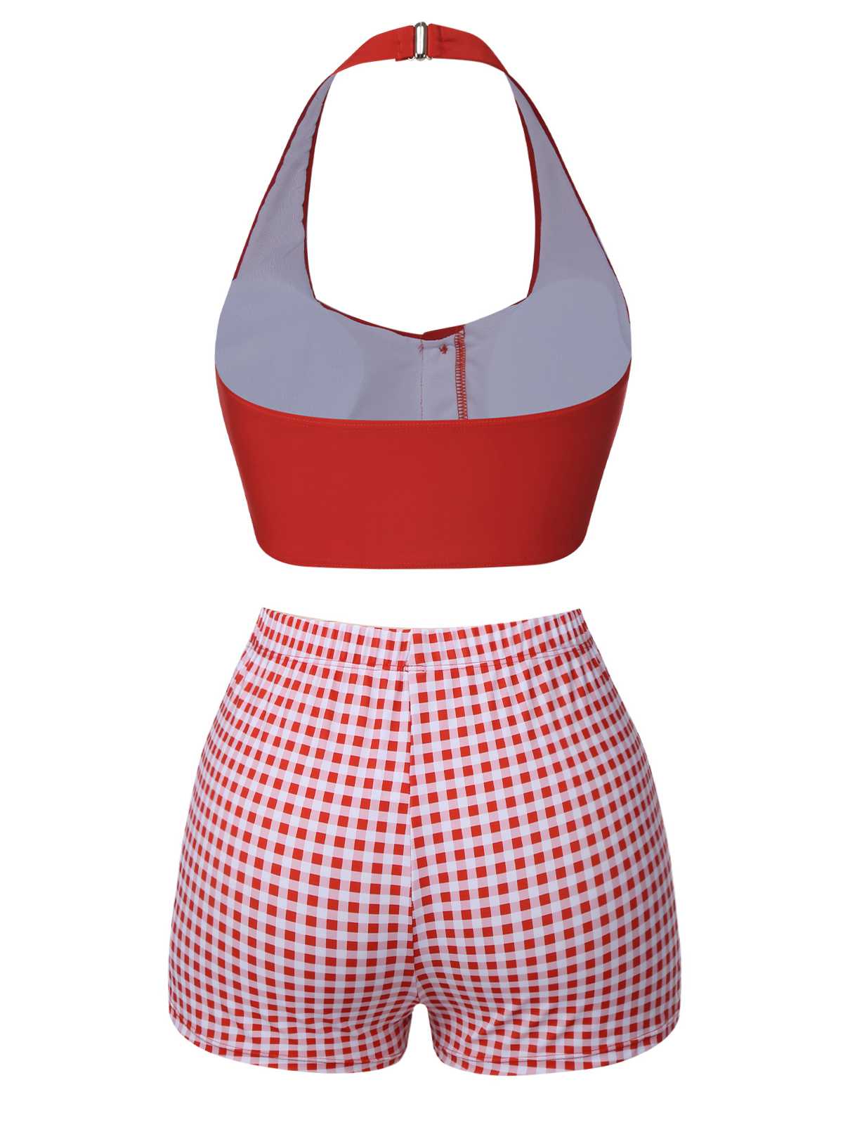 [US Warehouse] Red 1950s Halter Plaids Swimsuit - Image 4