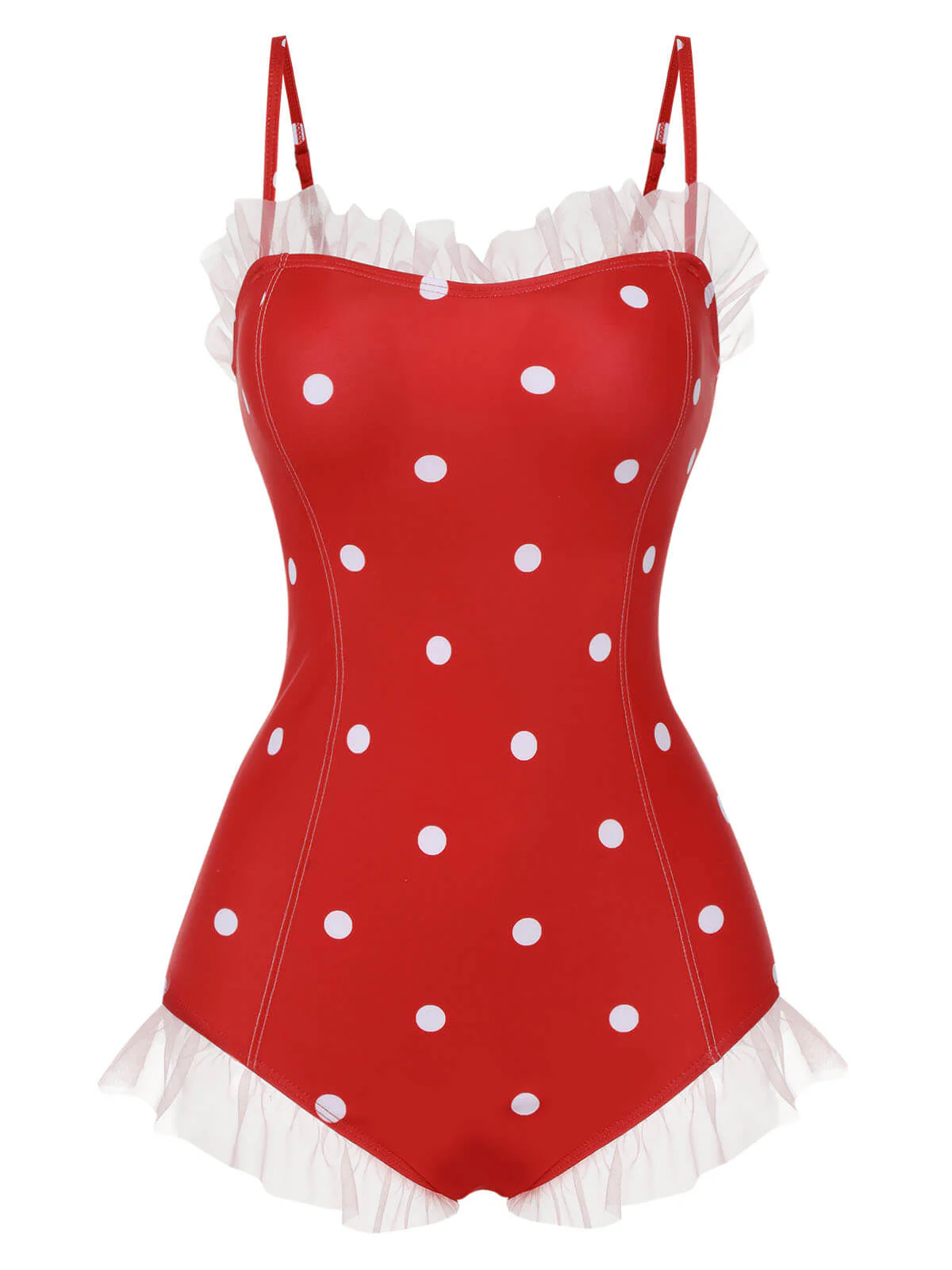 [US Warehouse] Red 1950s Mesh Polka Dot Swimsuit - Image 2