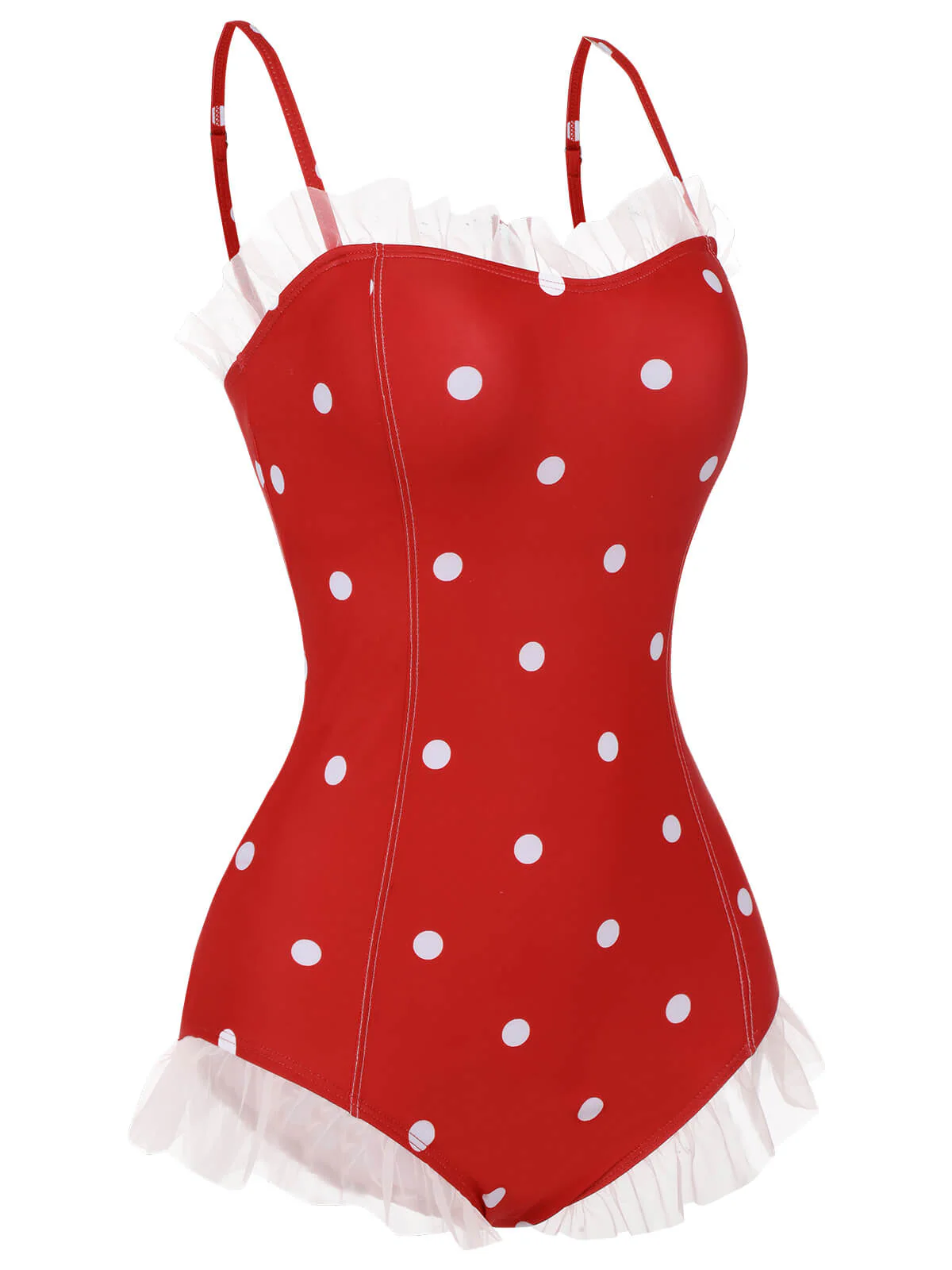[US Warehouse] Red 1950s Mesh Polka Dot Swimsuit - Image 3