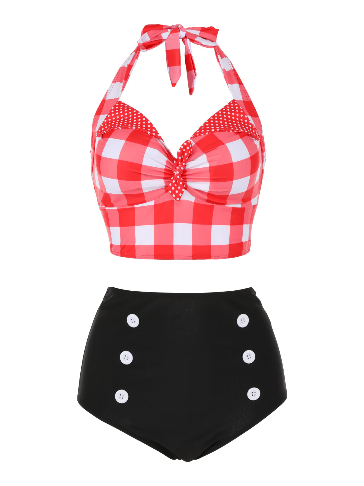 [US Warehouse] Red 1950s Plaid Halter Bikini Set - Image 2