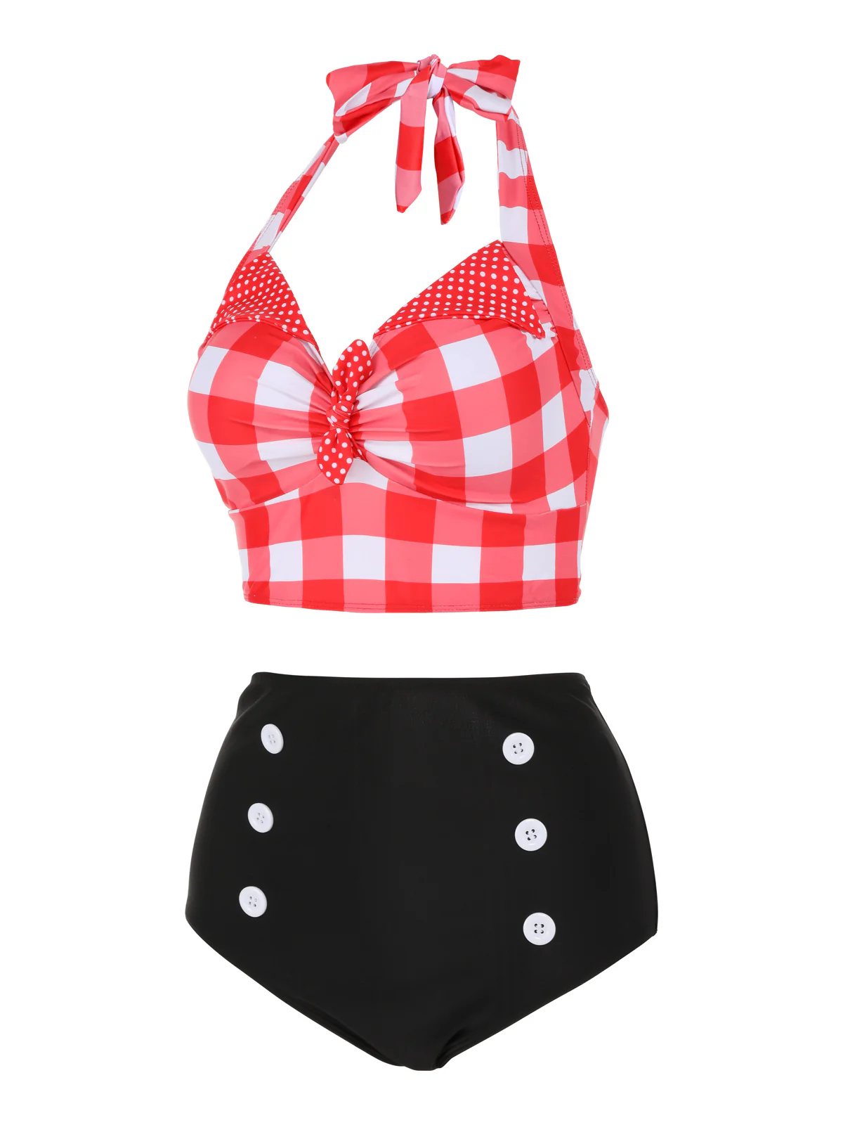 [US Warehouse] Red 1950s Plaid Halter Bikini Set - Image 3