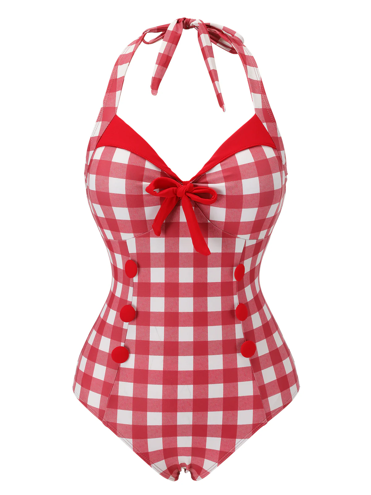 Red 1950s Plaids Added Bowknot Swimsuit - Image 2