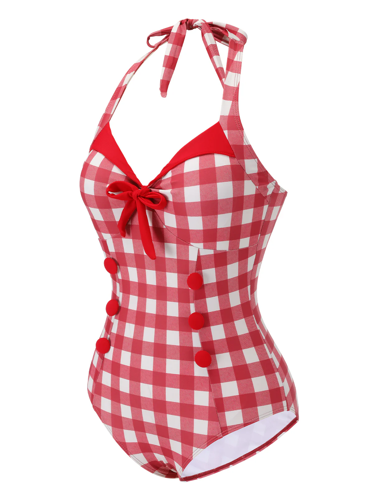Red 1950s Plaids Added Bowknot Swimsuit - Image 3