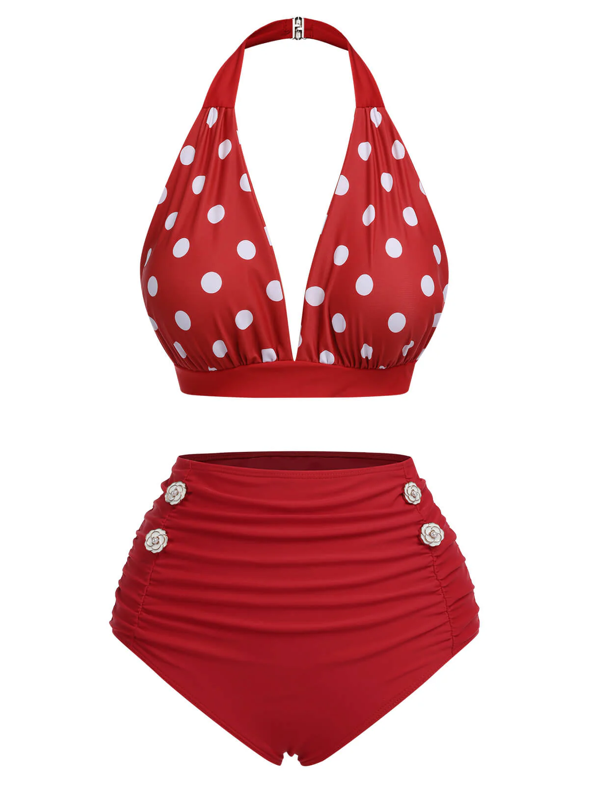[US Warehouse] Red 1950s Polka Dot Halter Separate Swimsuit - Image 2