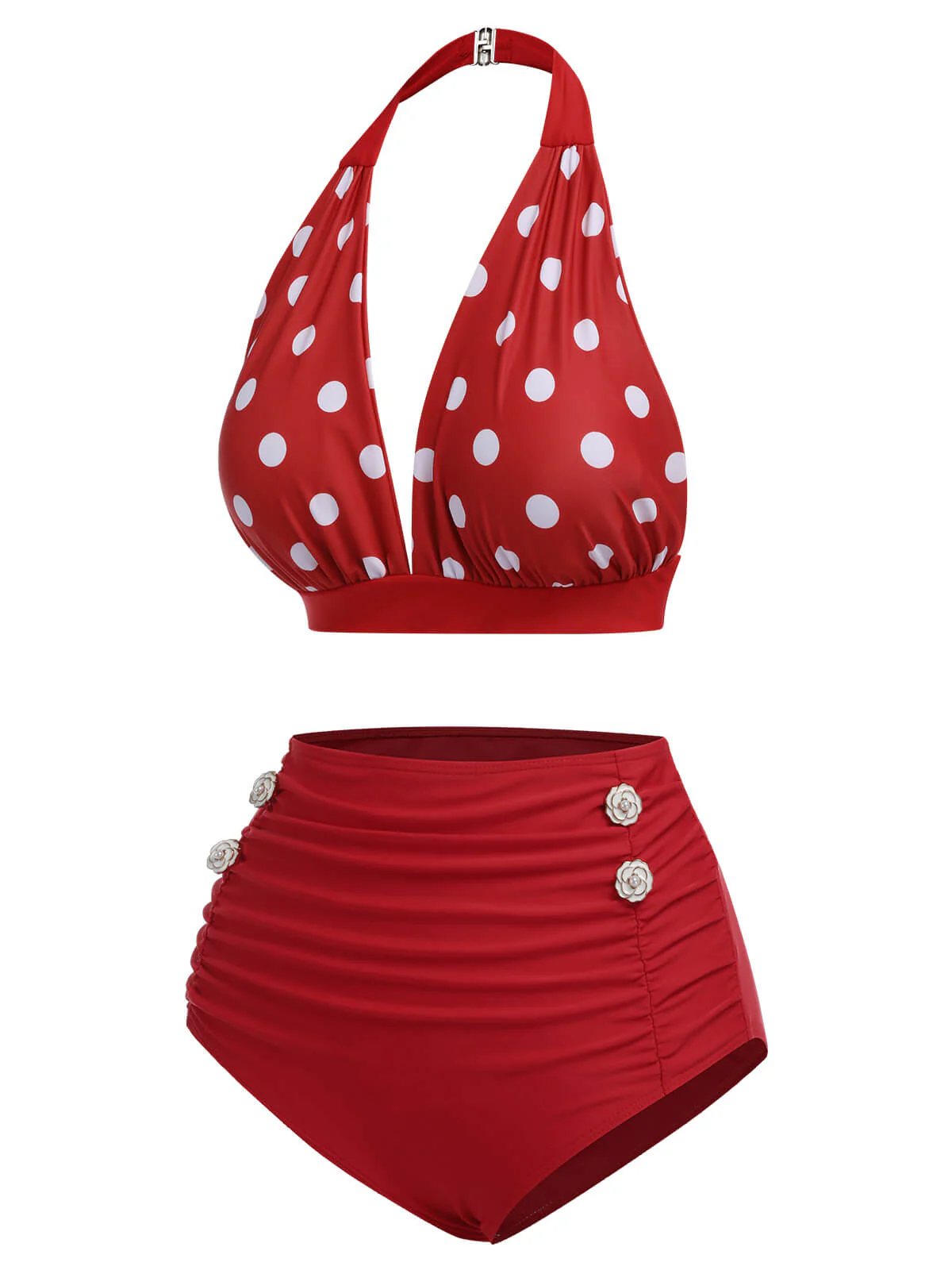 [US Warehouse] Red 1950s Polka Dot Halter Separate Swimsuit - Image 3