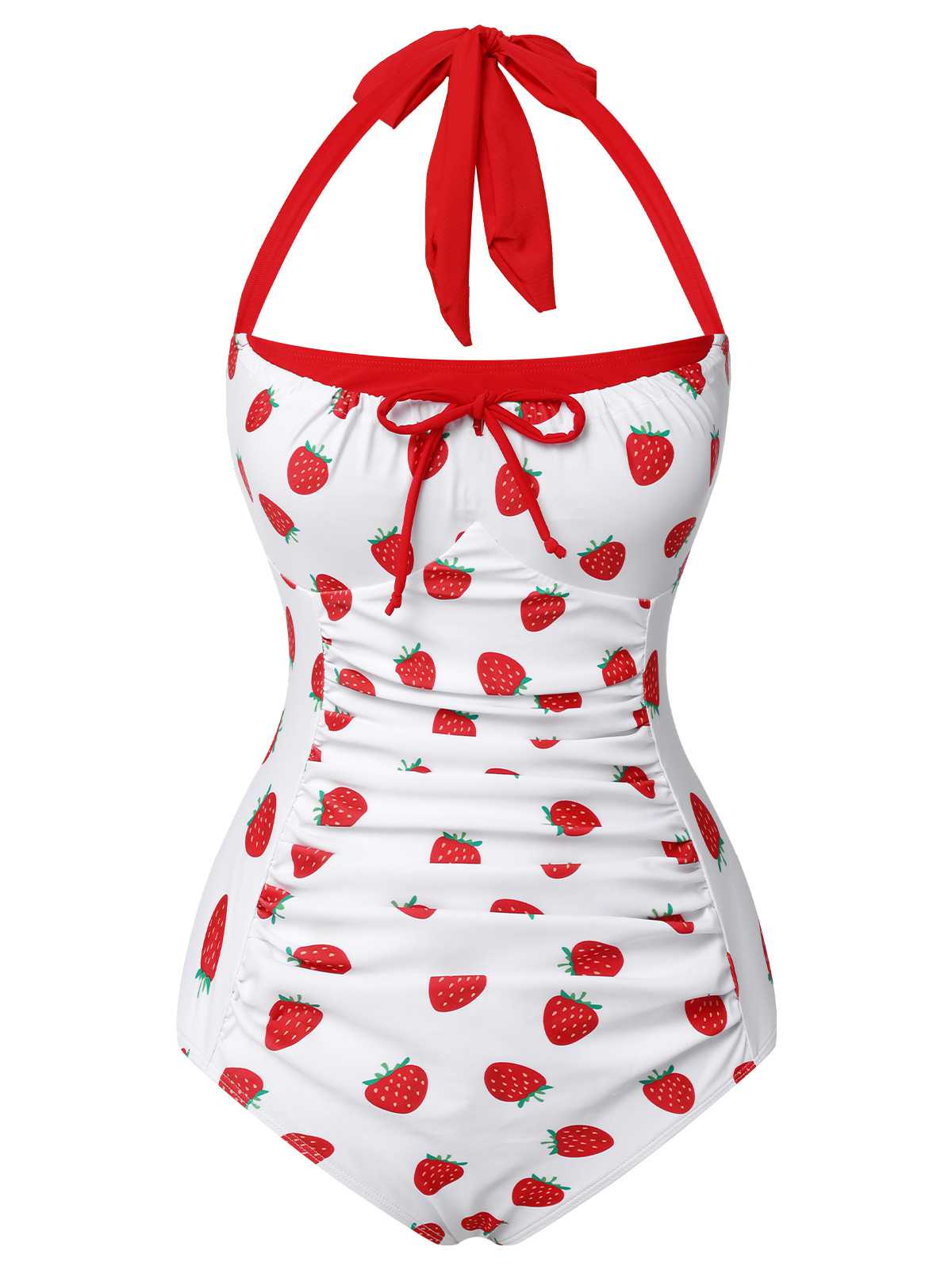 [US Warehouse] Red 1960s Halter Bow Strawberry One-Piece Swimsuit - Image 2