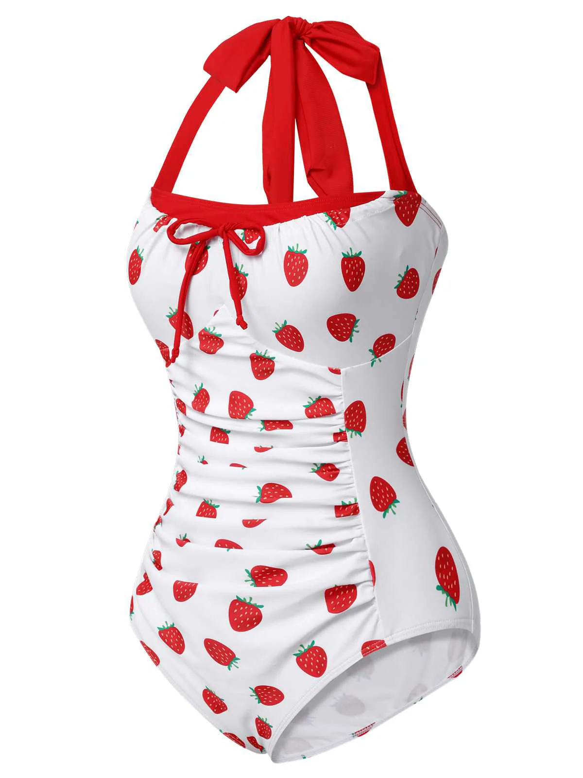[US Warehouse] Red 1960s Halter Bow Strawberry One-Piece Swimsuit - Image 3