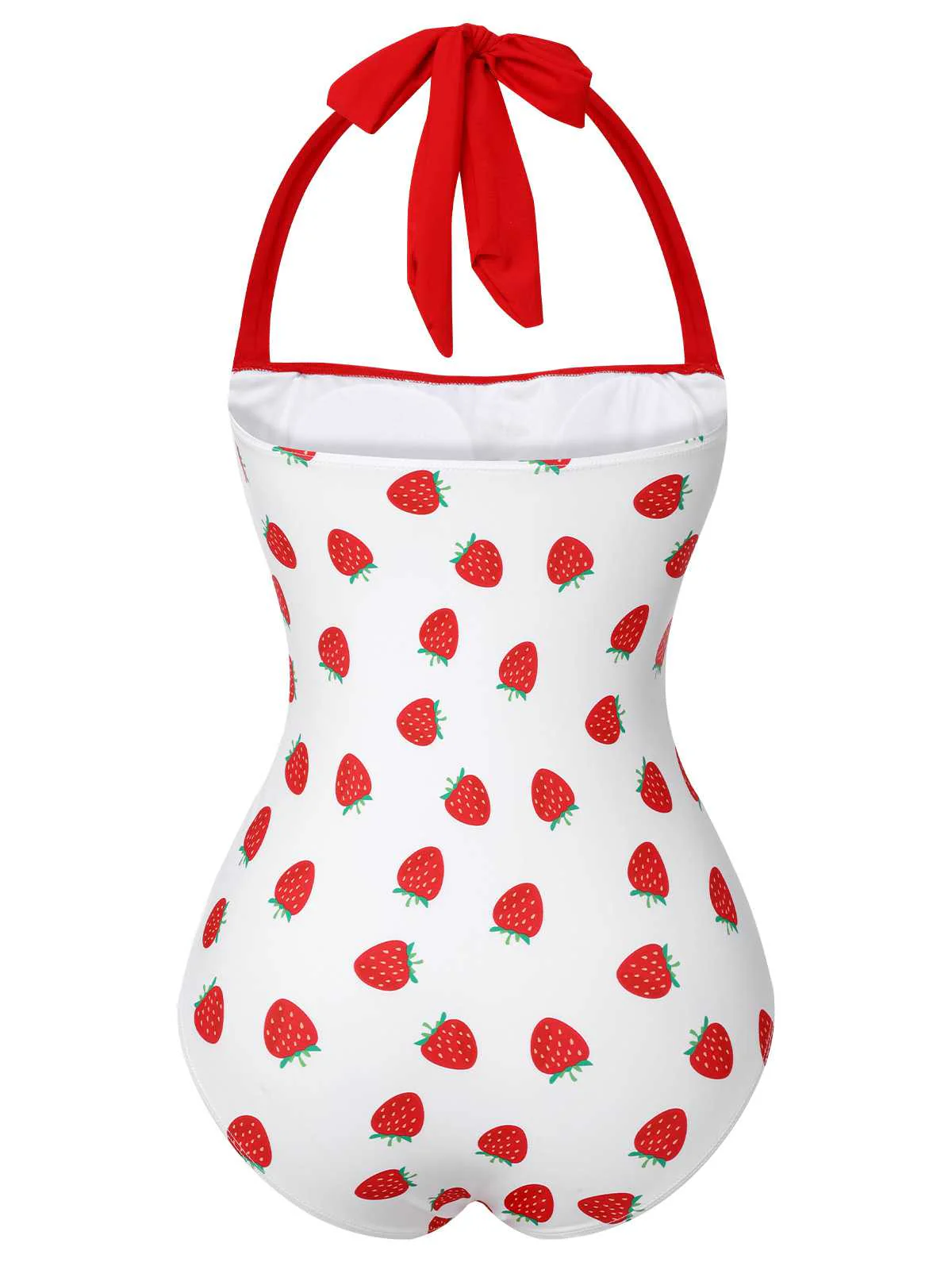 [US Warehouse] Red 1960s Halter Bow Strawberry One-Piece Swimsuit - Image 4