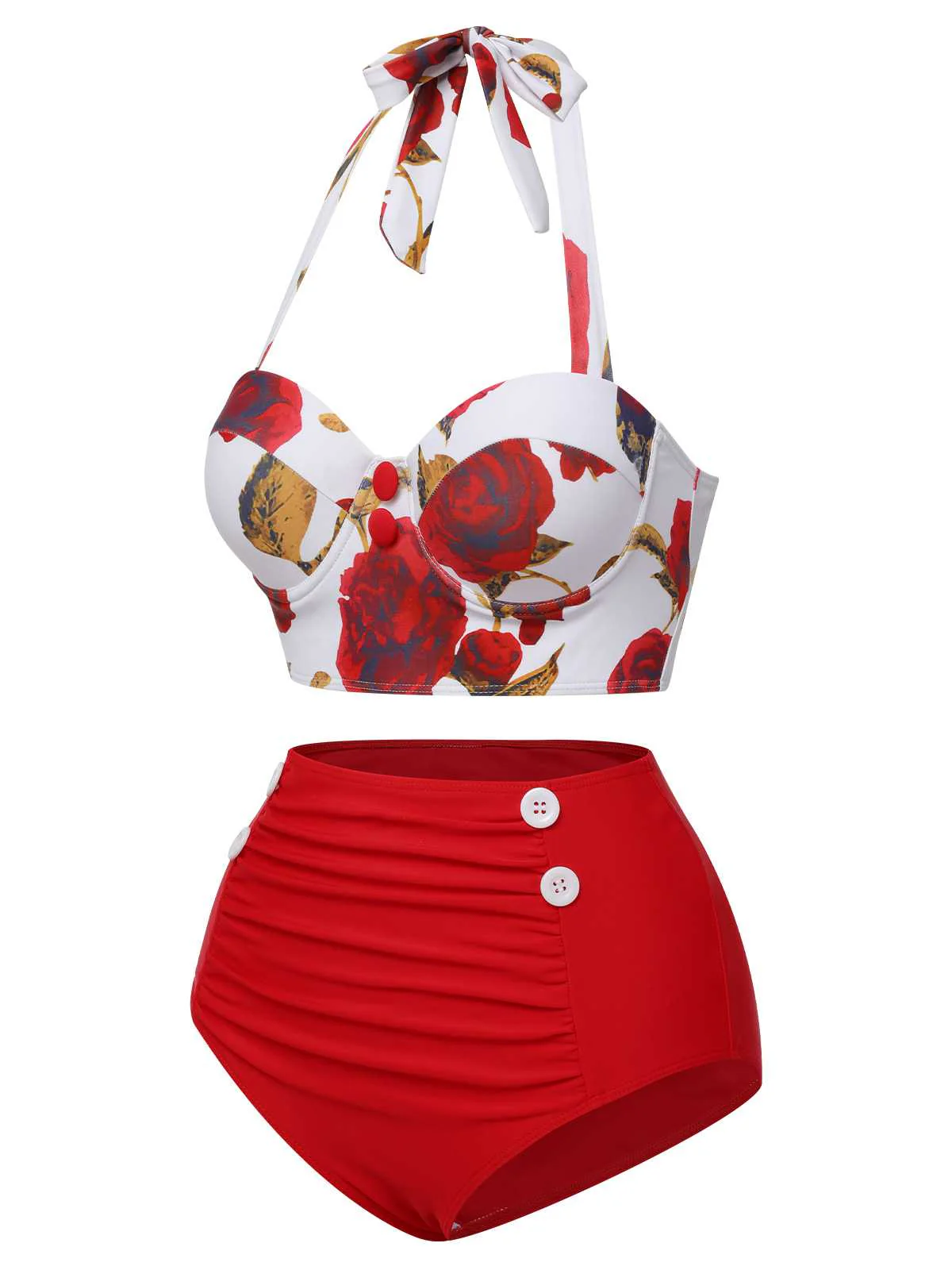 Red 1960s Halter Roses Swimsuit - Image 4