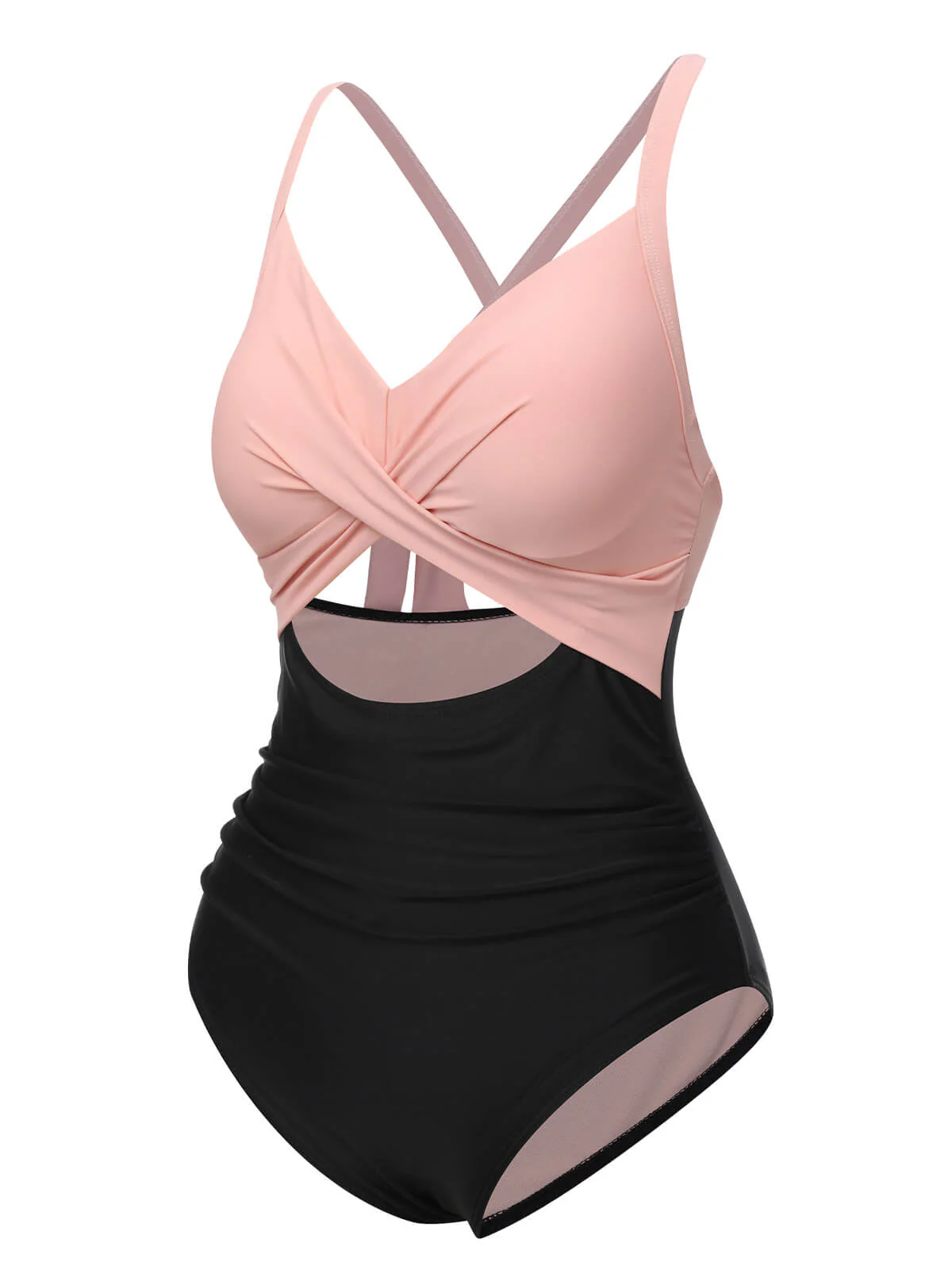 Pink & Black 1940s Hollow Waist Patchwork Swimsuit - Image 2