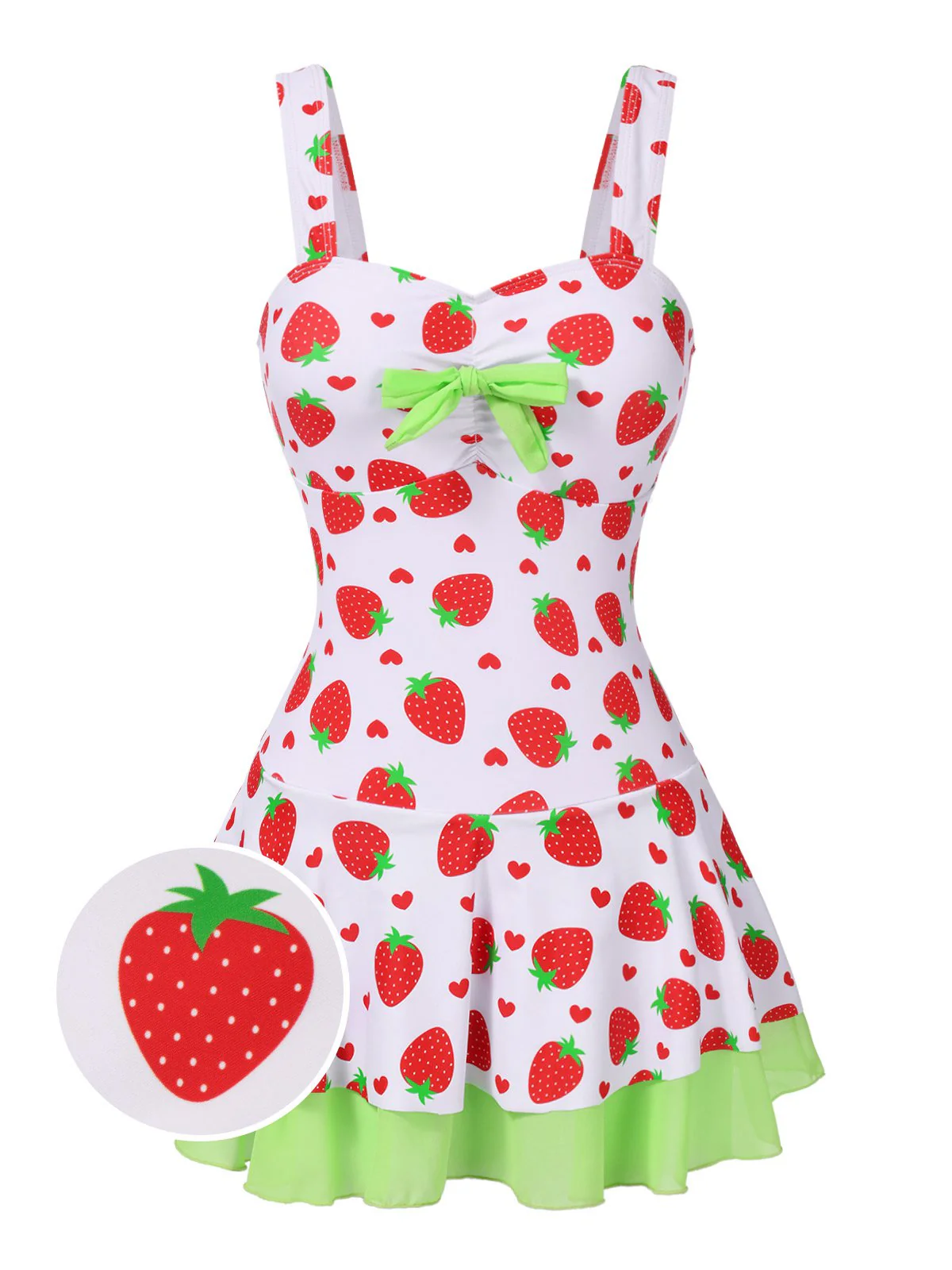 Red & Green 1940s Strawberry Bow Swim Dress - Image 2
