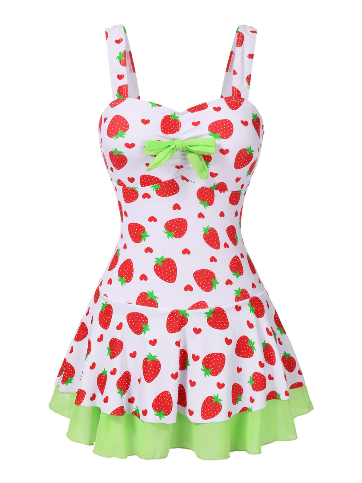 Red & Green 1940s Strawberry Bow Swim Dress - Image 3