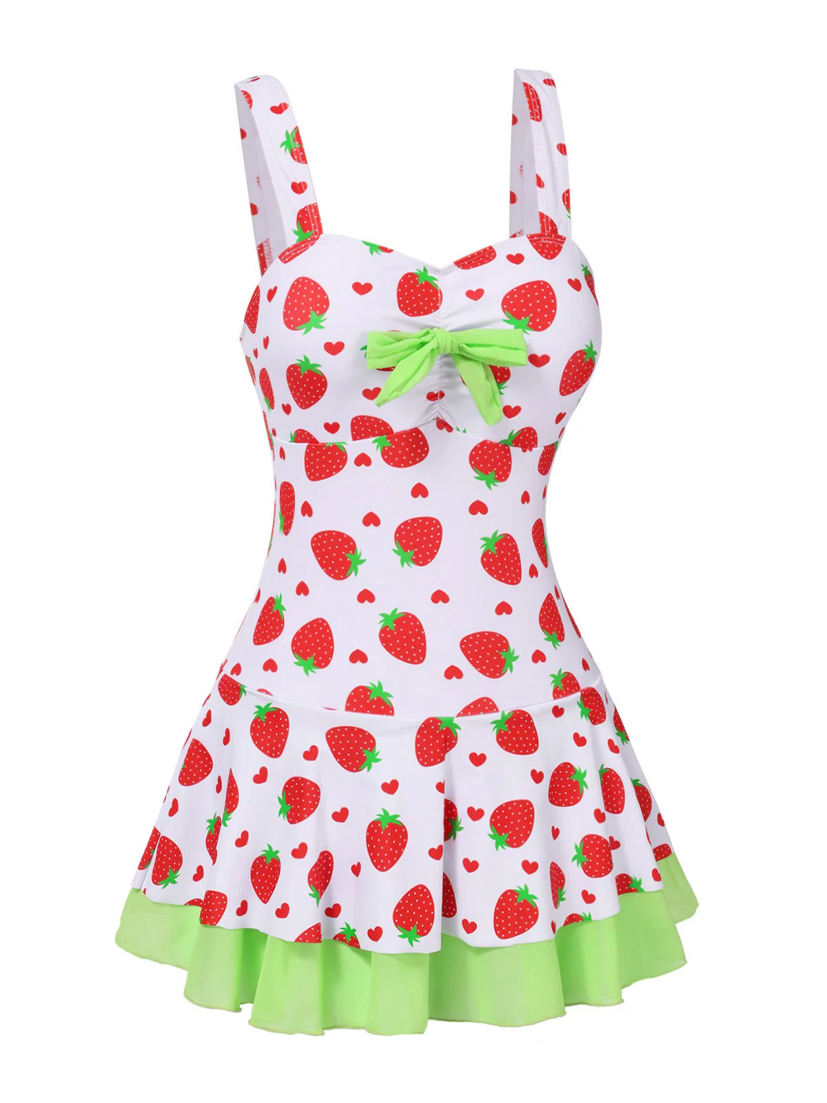 Red & Green 1940s Strawberry Bow Swim Dress - Image 4