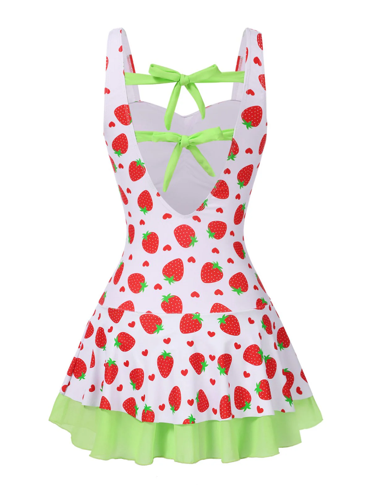 Red & Green 1940s Strawberry Bow Swim Dress - Image 5