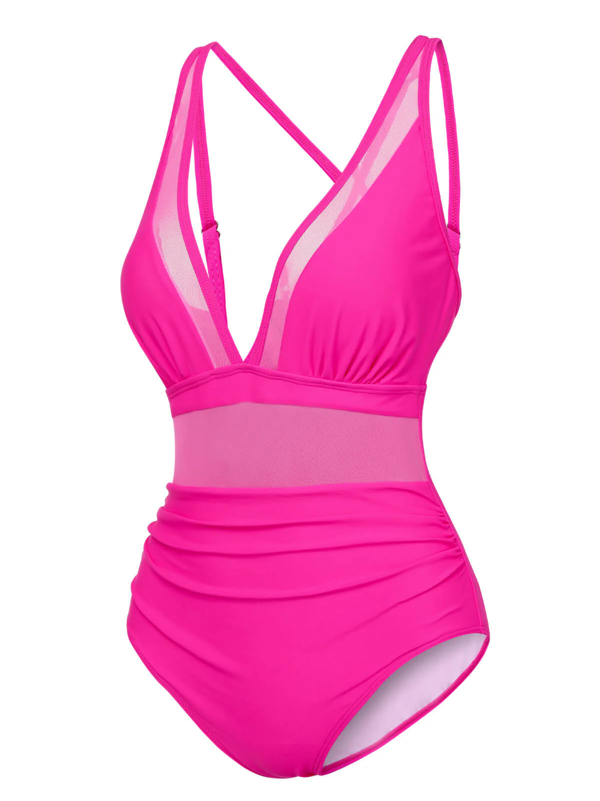 Rose Red 1950s Solid Sheer Patchwork Swimsuit - Image 2