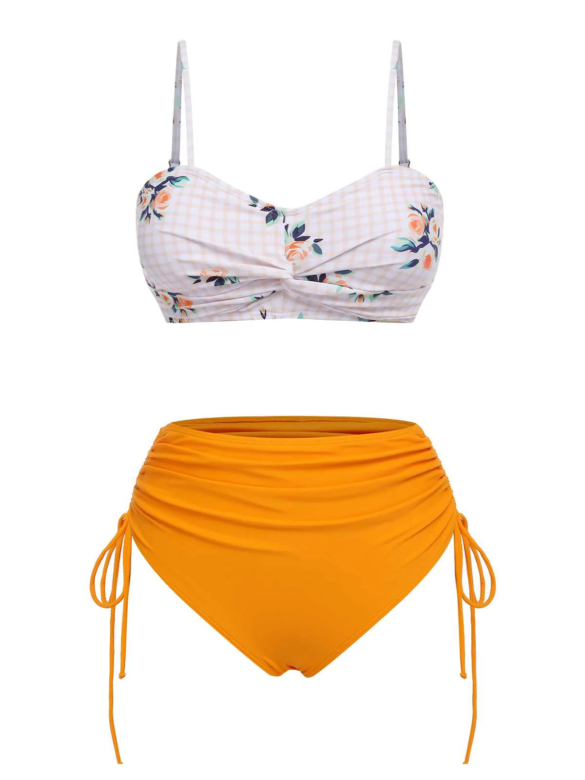 [US Warehouse] Turmeric 1940s Spaghetti Strap Roses Swimsuit - Image 2