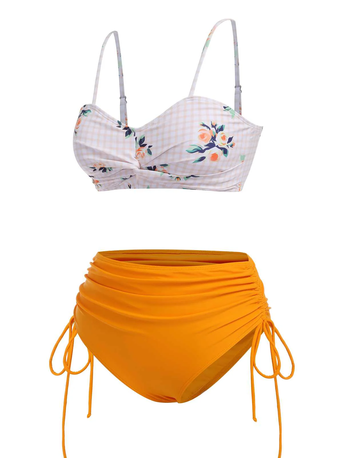 [US Warehouse] Turmeric 1940s Spaghetti Strap Roses Swimsuit - Image 3