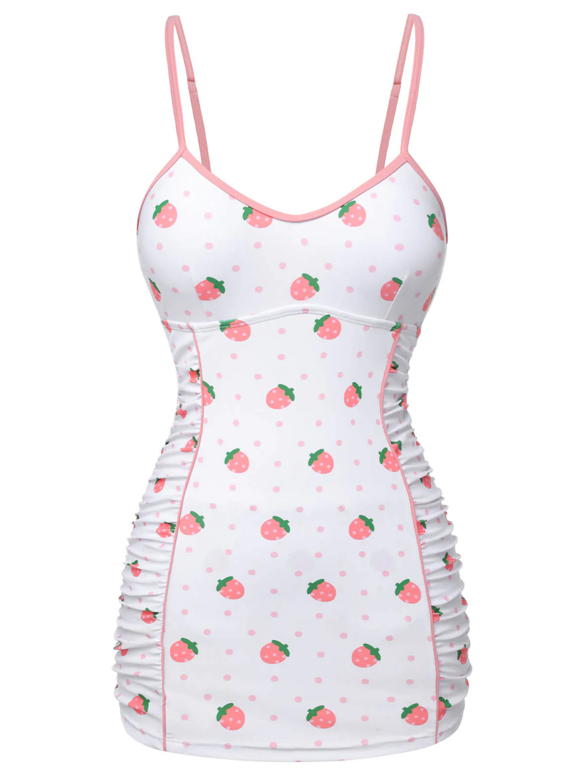 [US Warehouse] White & Pink 1950s Strawberry Pleated Swimsuit - Image 2