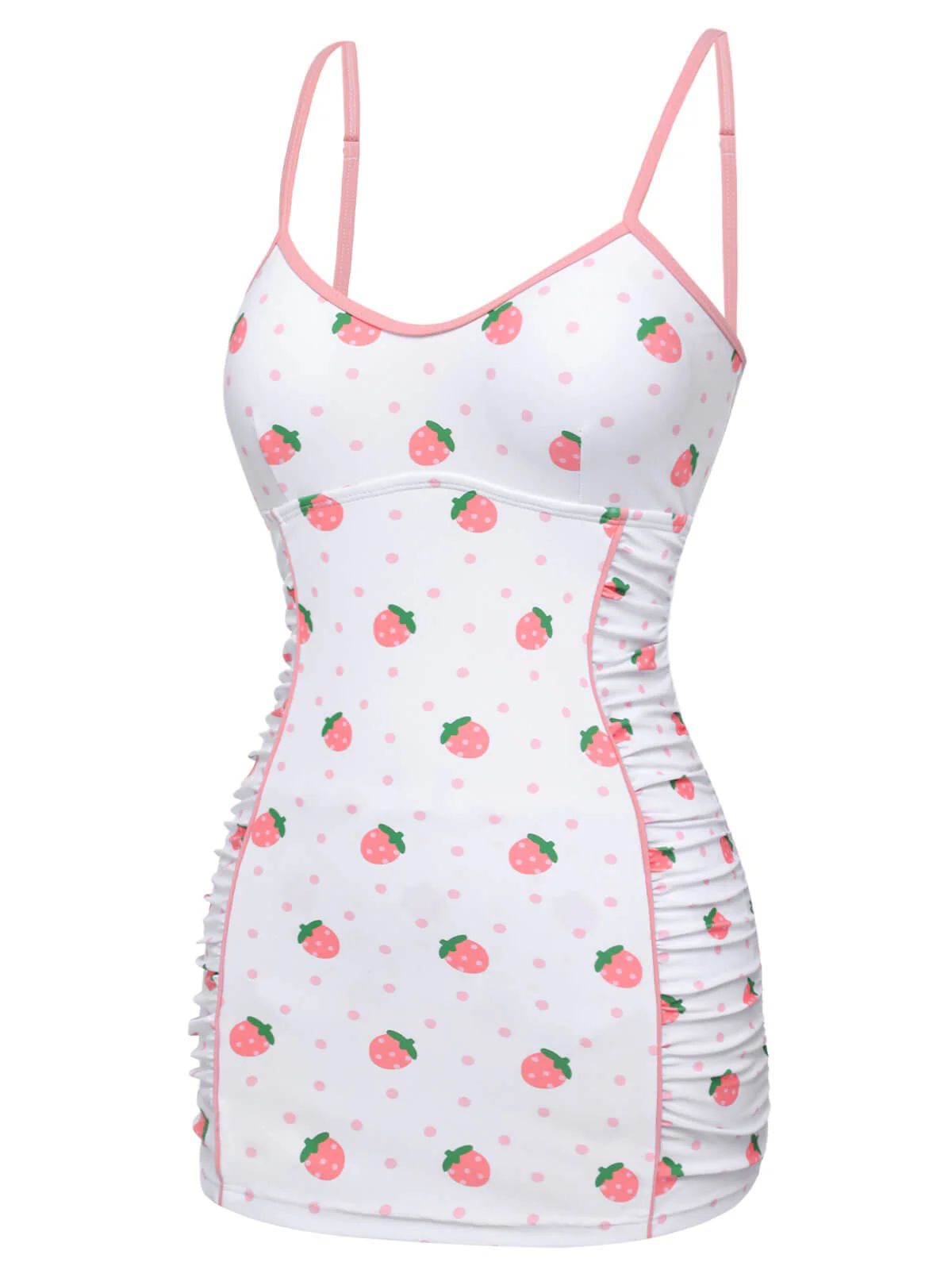 [US Warehouse] White & Pink 1950s Strawberry Pleated Swimsuit - Image 3