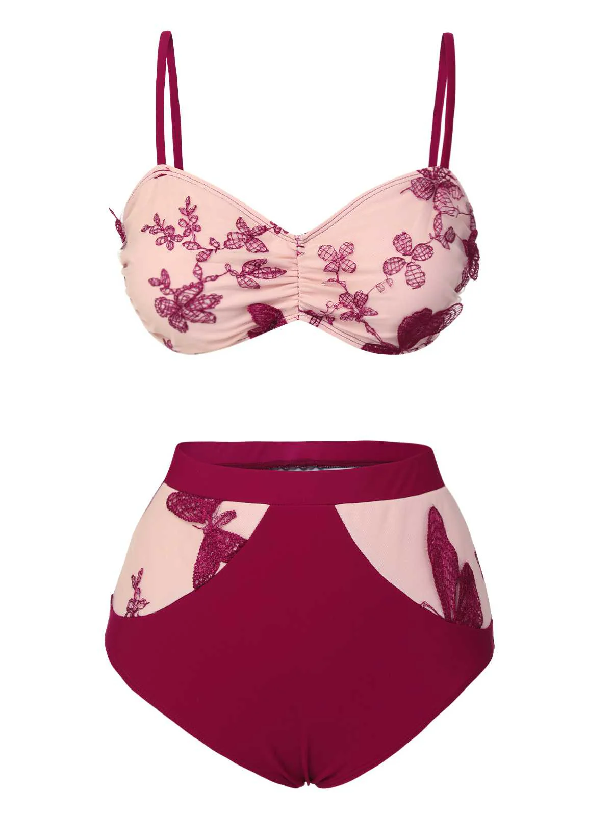 [US Warehouse] Wine Red 1950s Spaghetti Strap Butterflies Swimsuit - Image 2