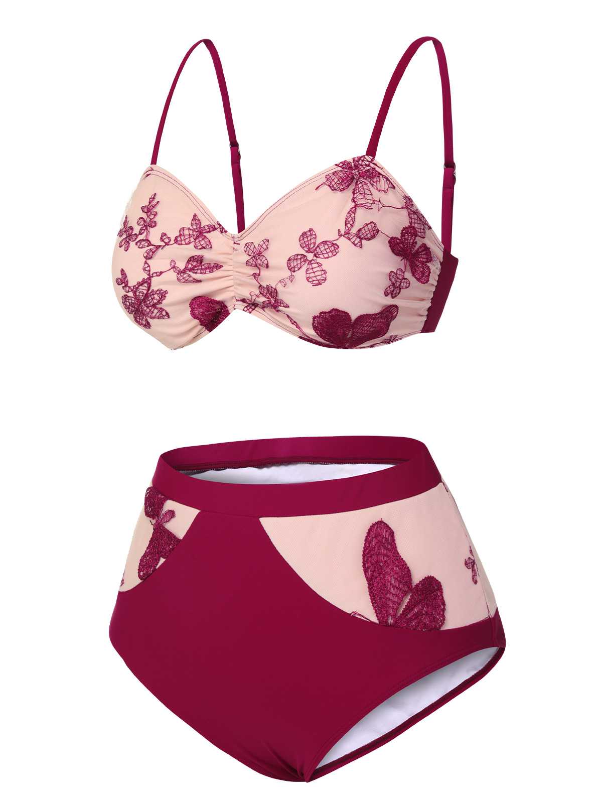 [US Warehouse] Wine Red 1950s Spaghetti Strap Butterflies Swimsuit - Image 3