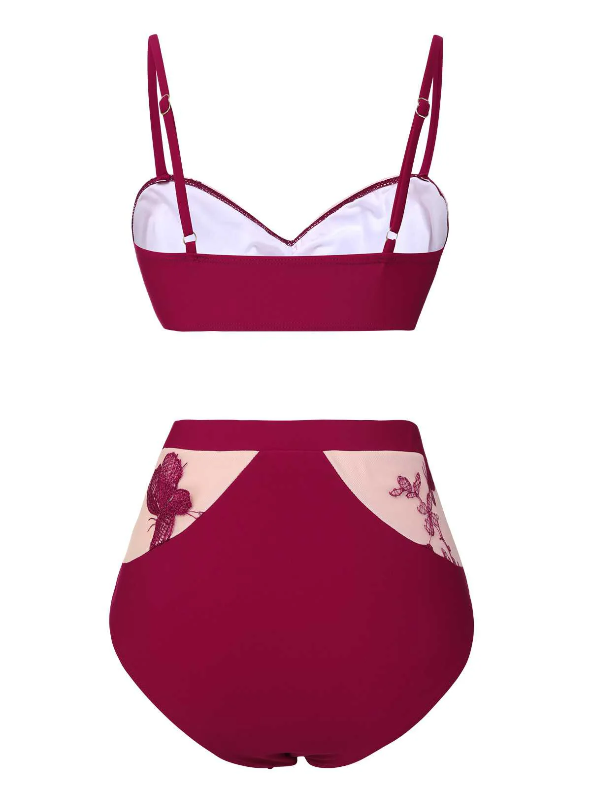 [US Warehouse] Wine Red 1950s Spaghetti Strap Butterflies Swimsuit - Image 4