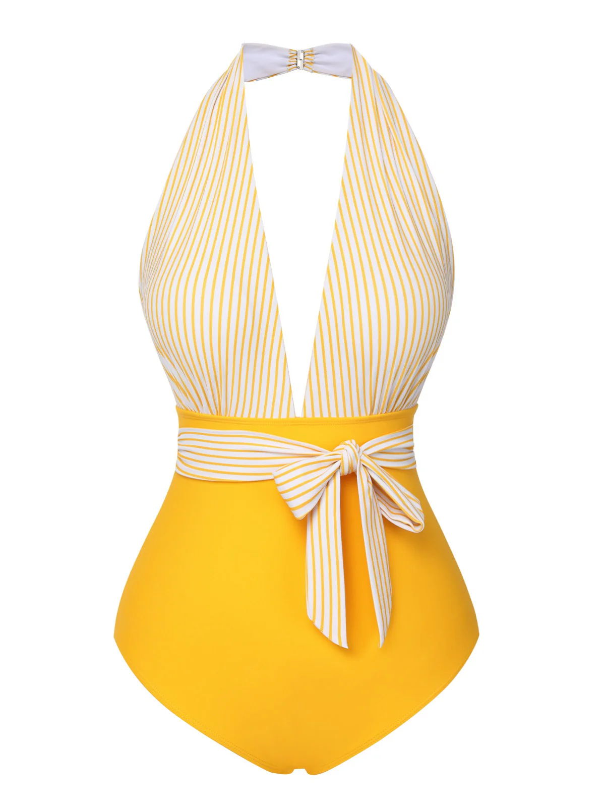 [US Warehouse] Yellow 1950s Halter Striped Patchwork Swimsuit - Image 2