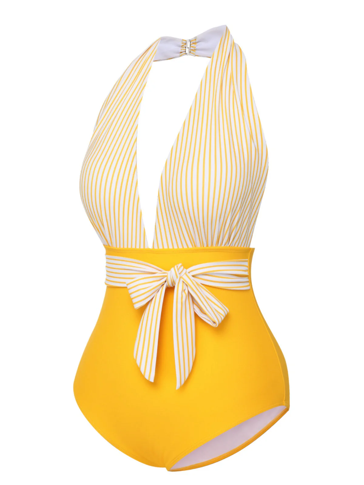 [US Warehouse] Yellow 1950s Halter Striped Patchwork Swimsuit - Image 3