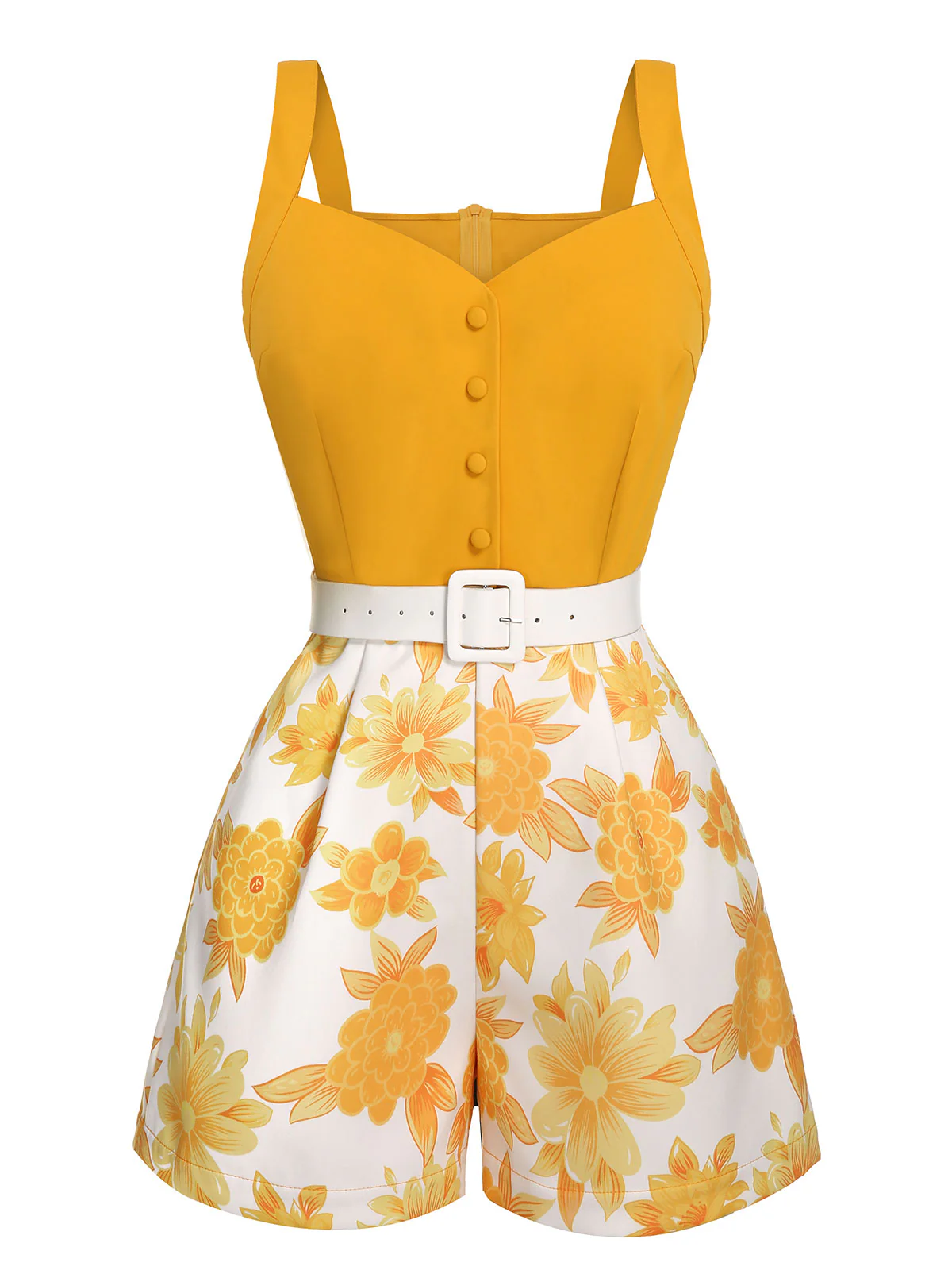 [US Warehouse] Yellow 1950s Spaghetti Strap Floral Romper - Image 2