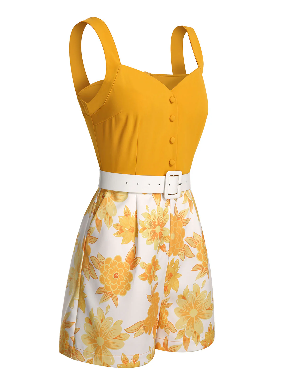 [US Warehouse] Yellow 1950s Spaghetti Strap Floral Romper - Image 3