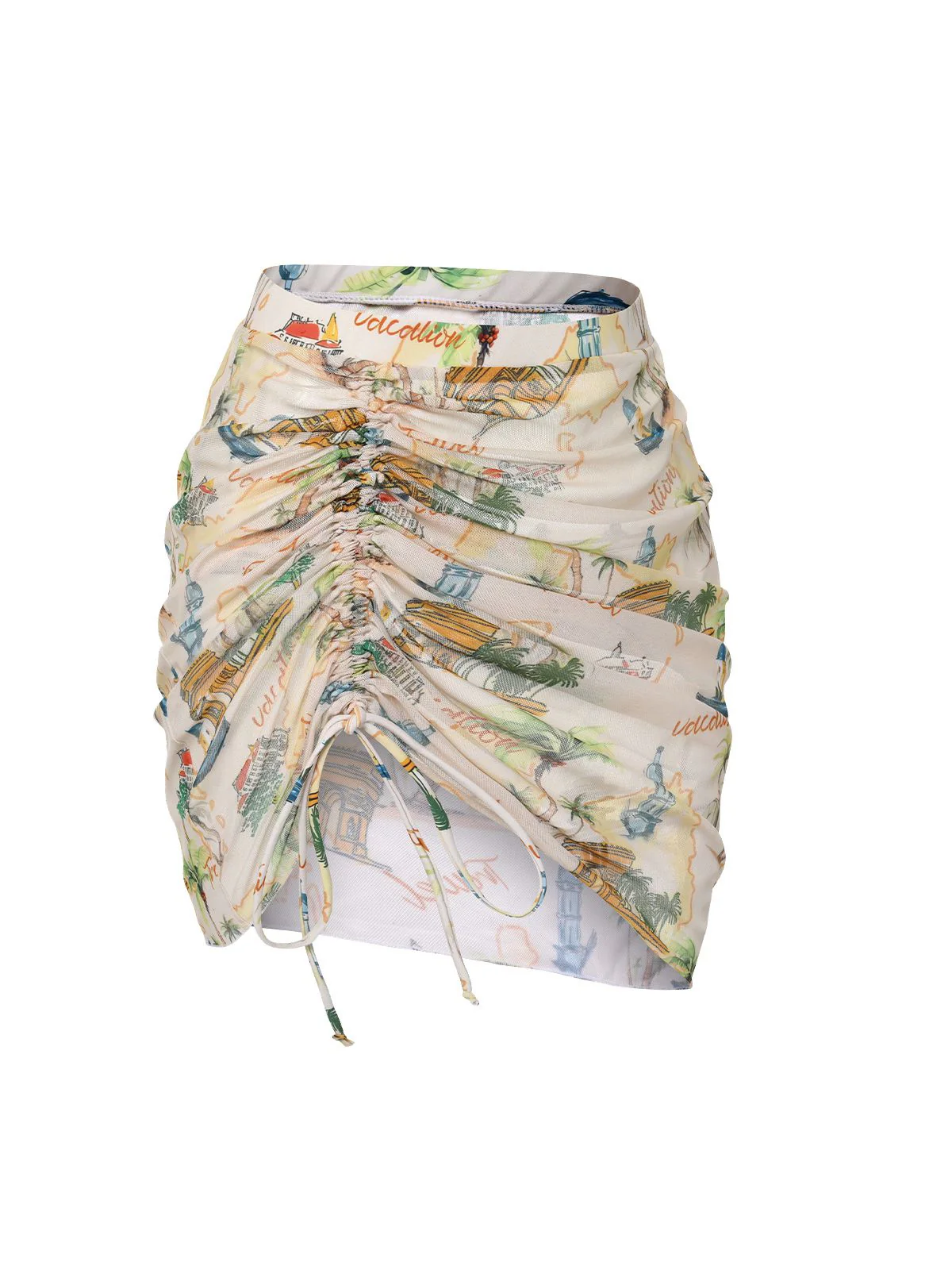 [US Warehouse] Yellow 1970s Retro Architectural Pattern Drawstring Cover-Up - Image 3