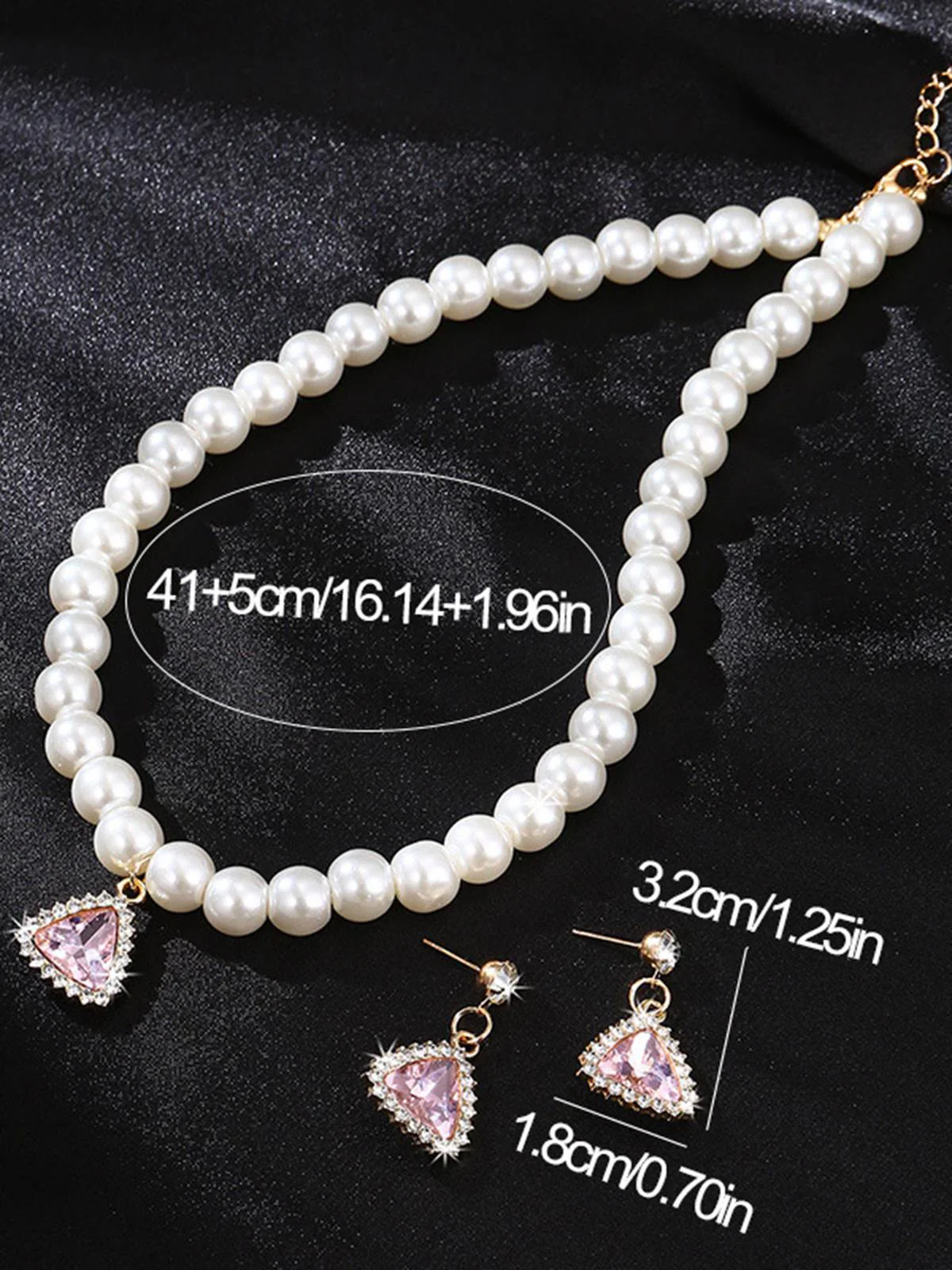 Valentine Imitation Pearl Necklace & Rhinestoned Earrings Set - Image 2