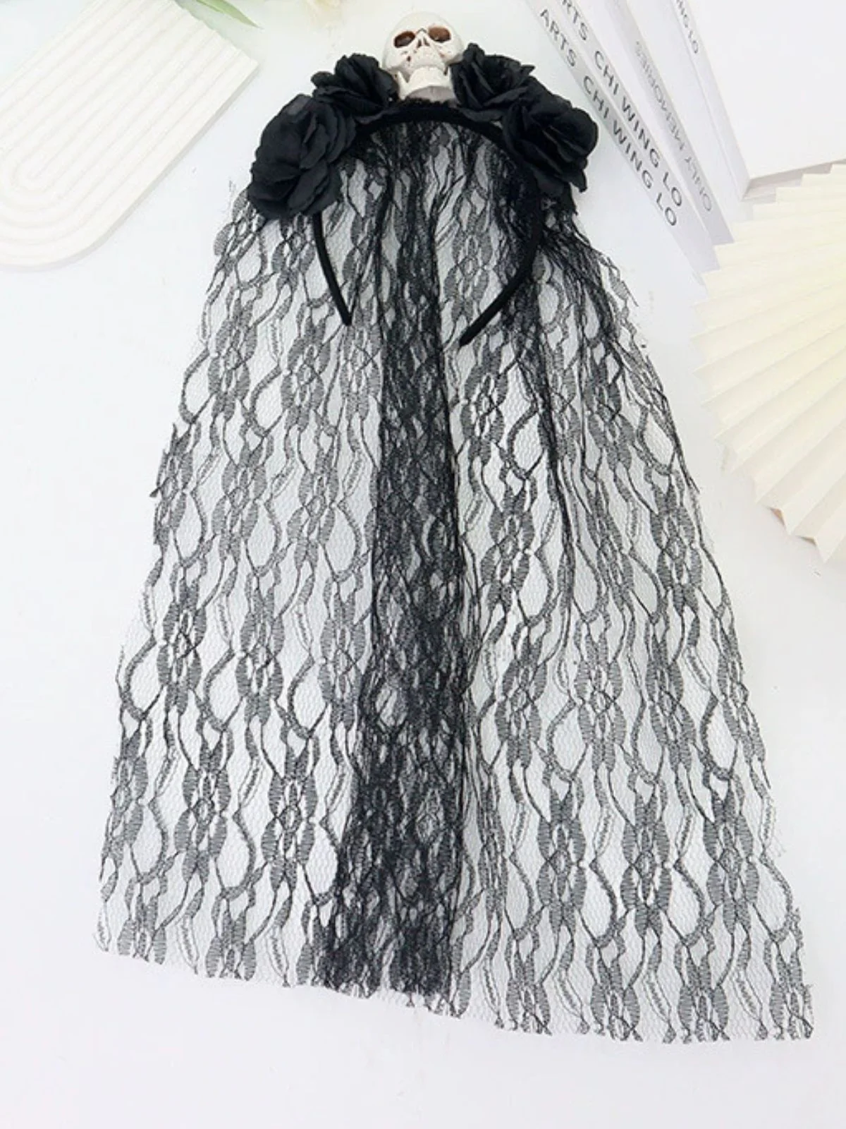 Vintage 3D Skull Roses Lace Veil Headband - Image 2