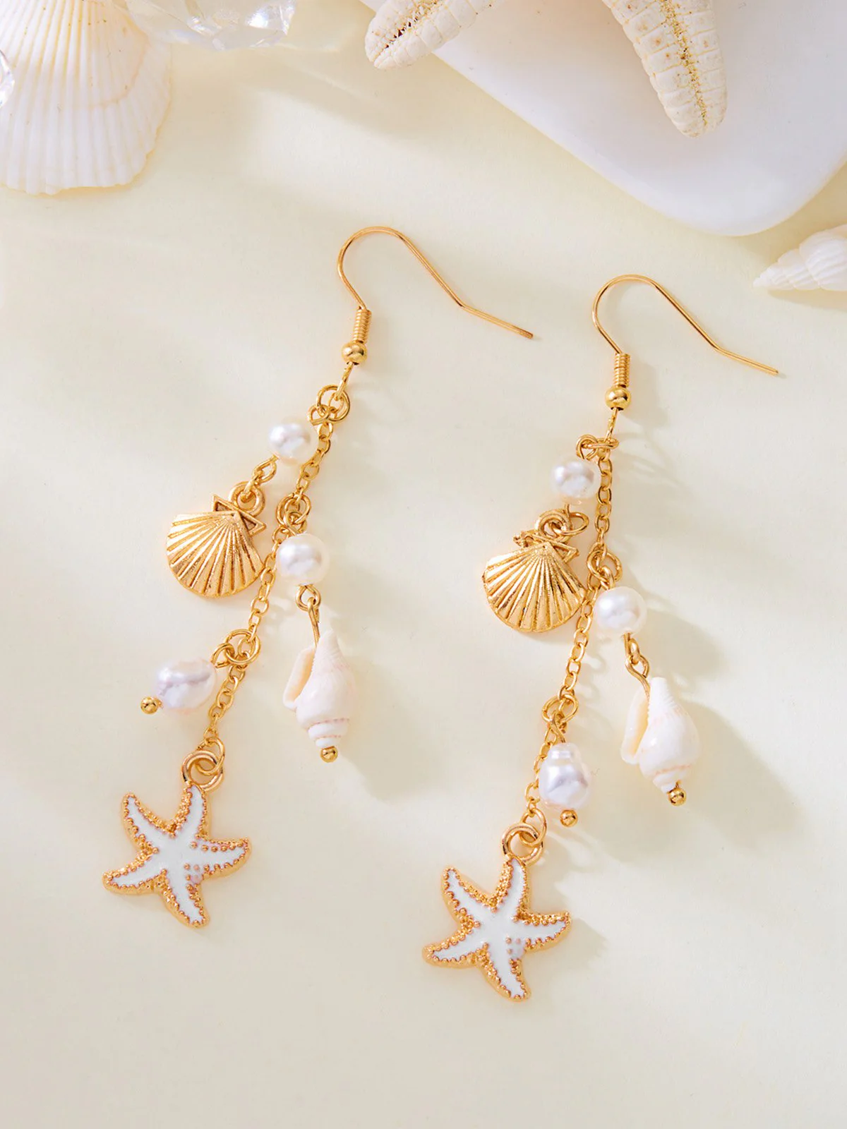 Vintage Alloy Starfish & Conch & Pearl Earrings - Image 3