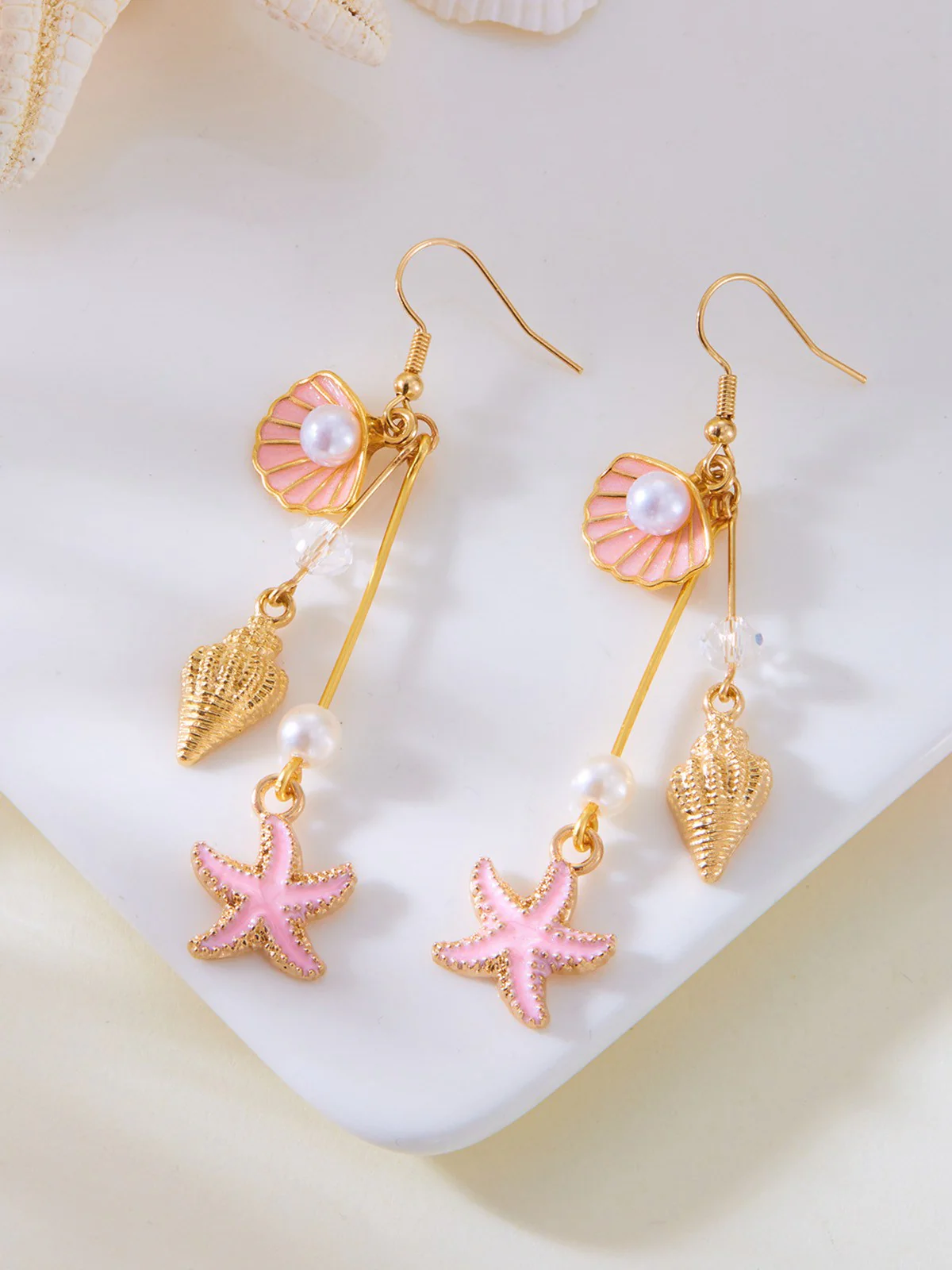 Vintage Alloy Starfish & Conch & Pearl Earrings - Image 4