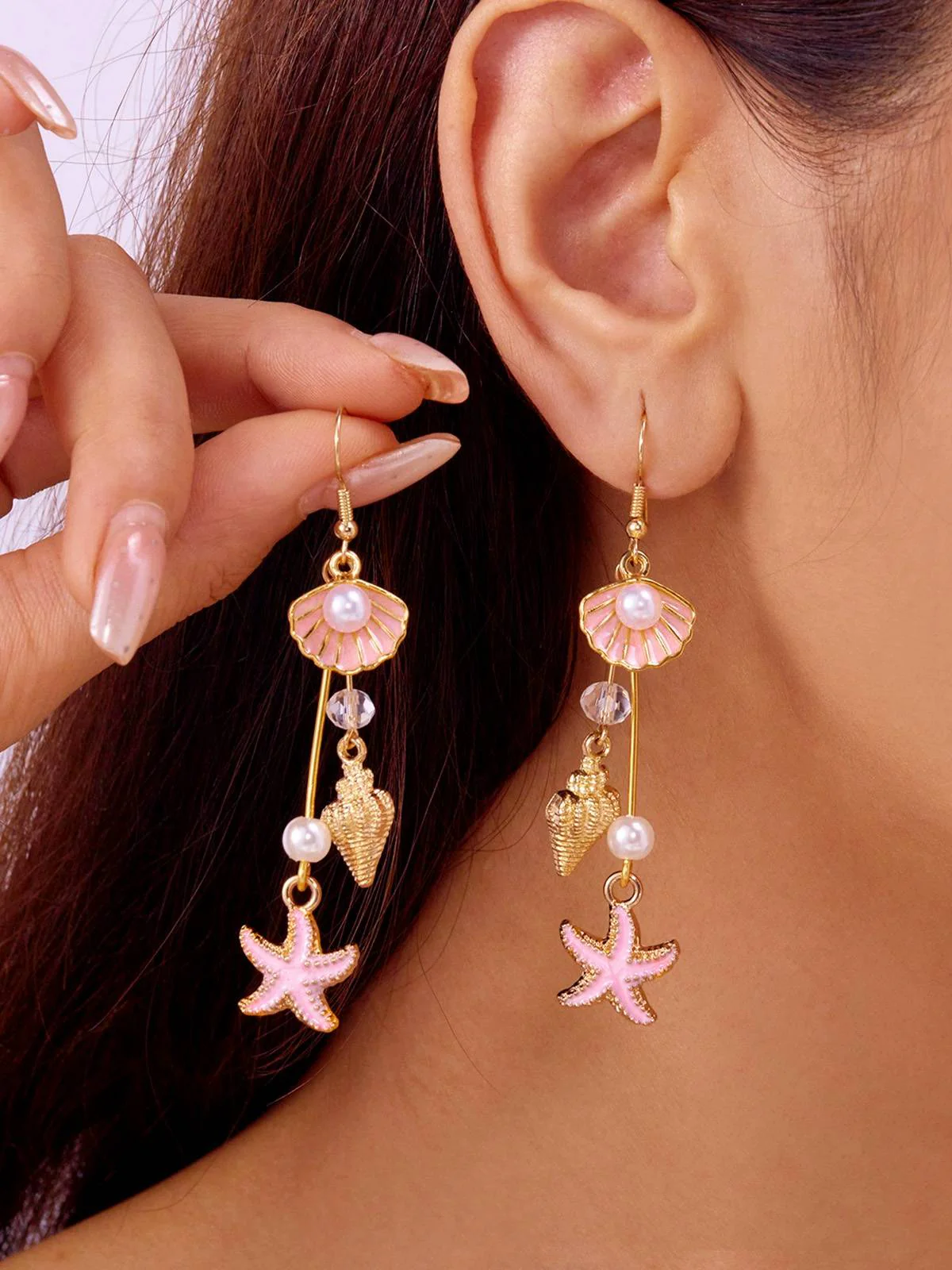Vintage Alloy Starfish & Conch & Pearl Earrings - Image 5