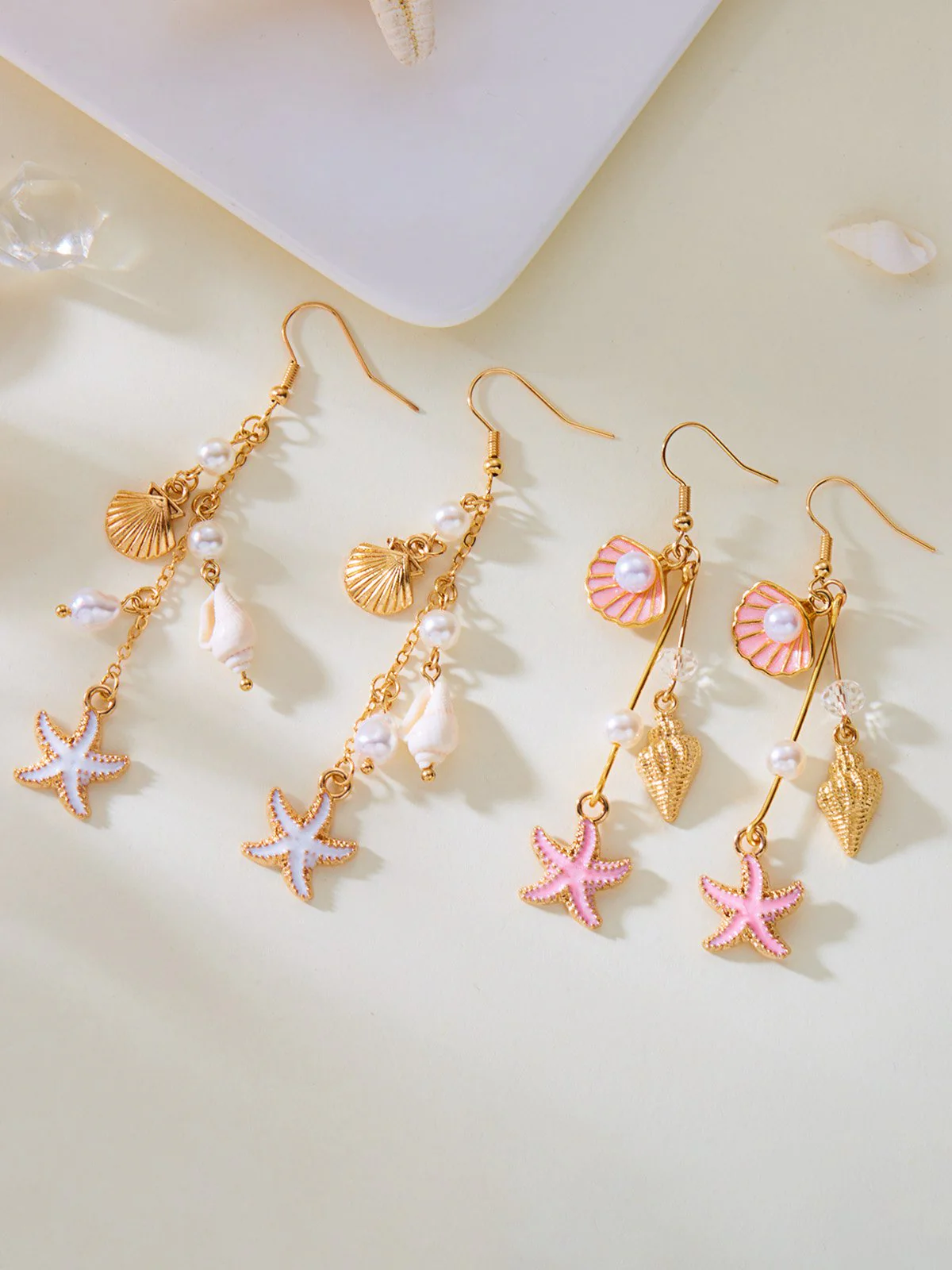 Vintage Alloy Starfish & Conch & Pearl Earrings - Image 6