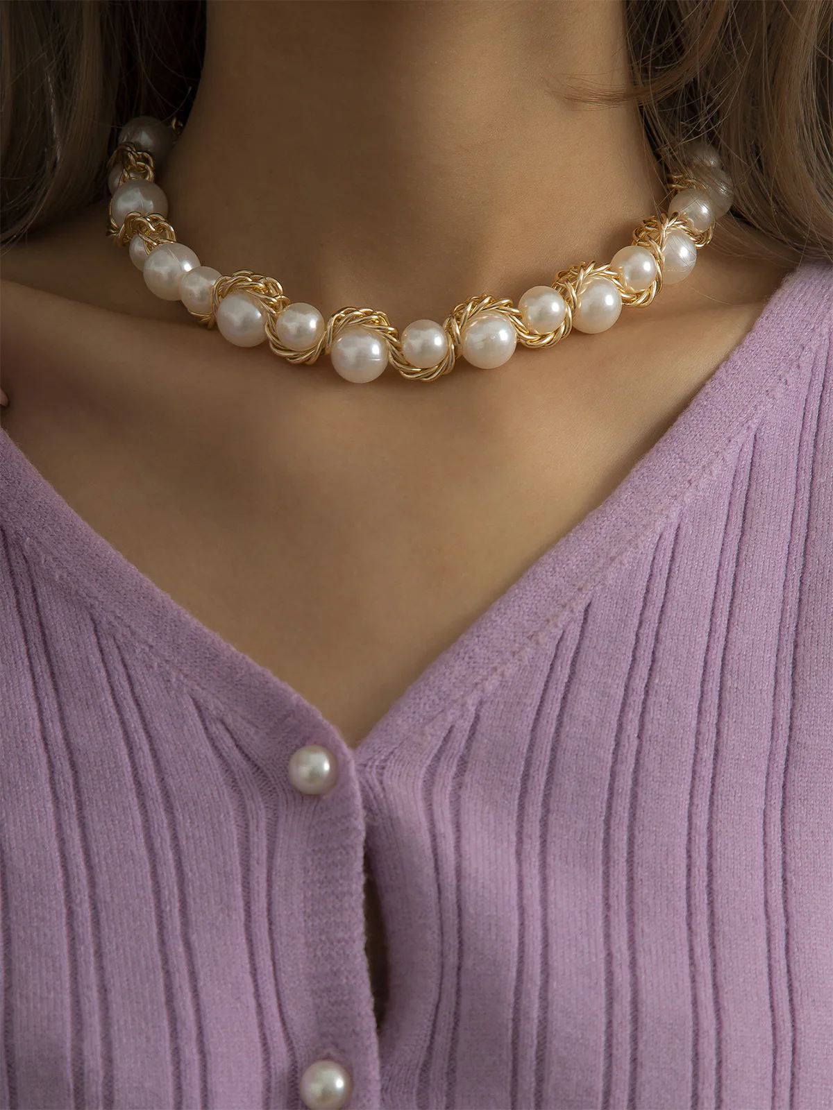 Vintage Alloy Wrap Pearl Necklace - Image 4