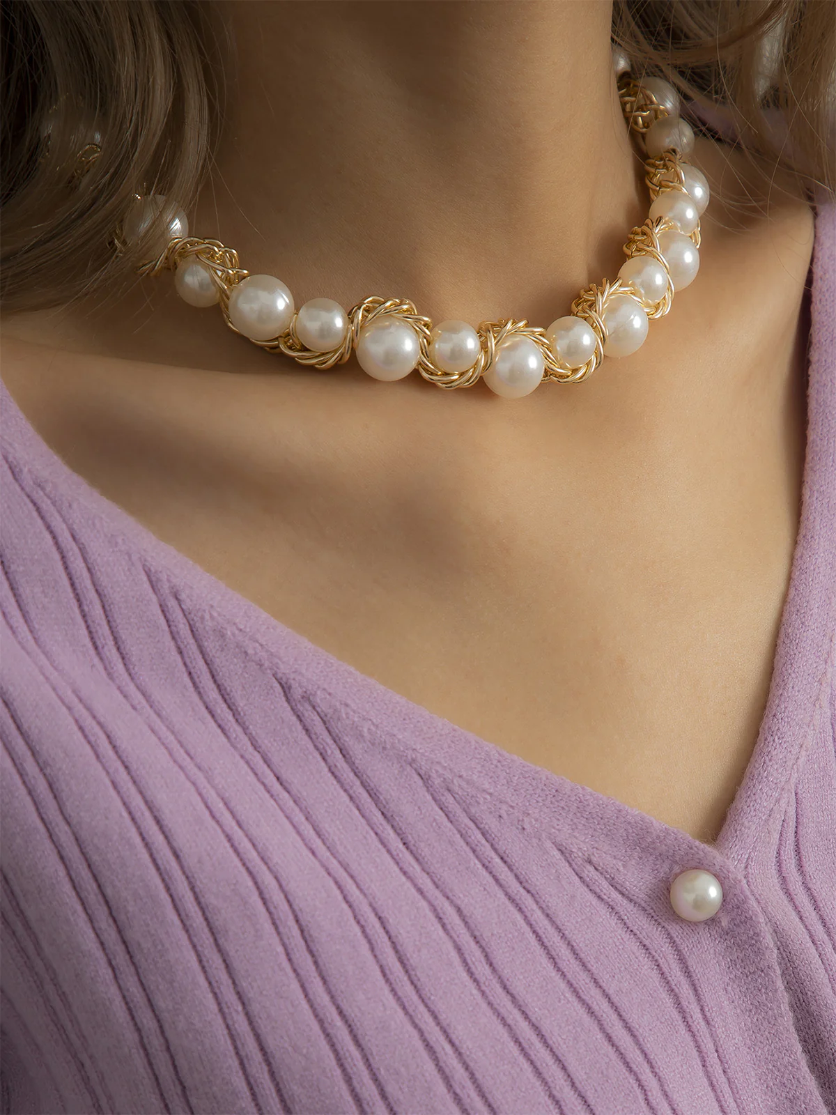 Vintage Alloy Wrap Pearl Necklace - Image 5