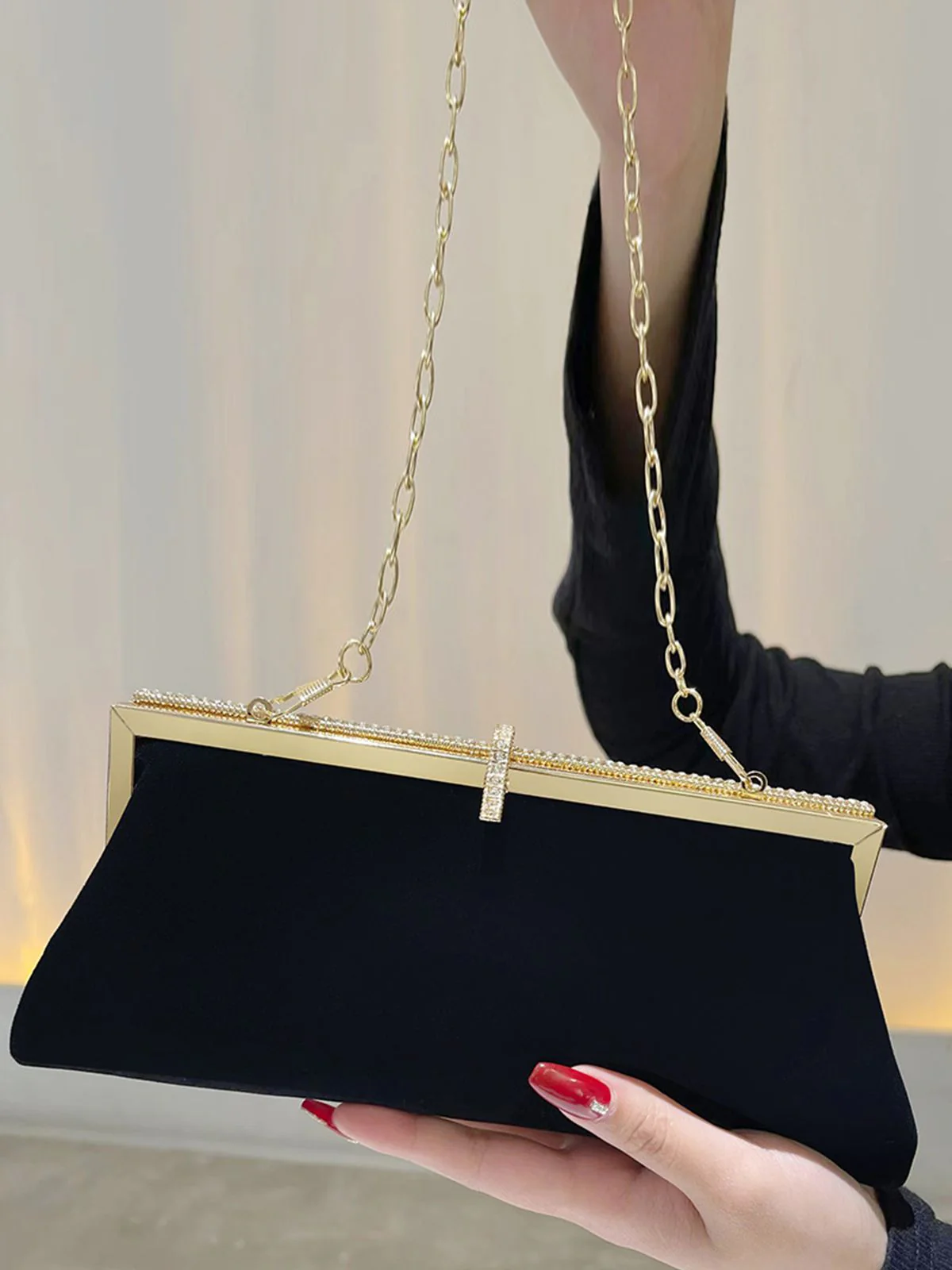 Vintage Black Velour Rhinestones Handbag - Image 3