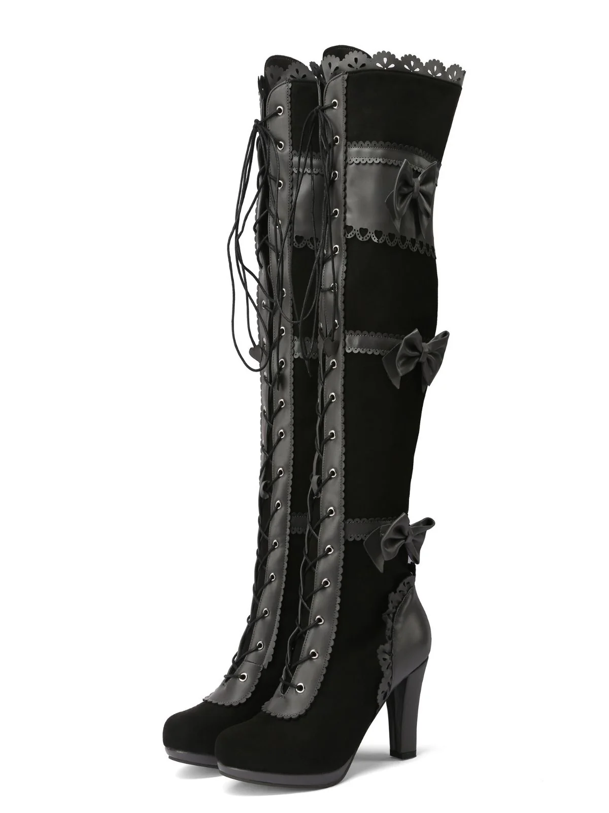 Vintage Bow Lace-Up High Heel Long Boots - Image 4