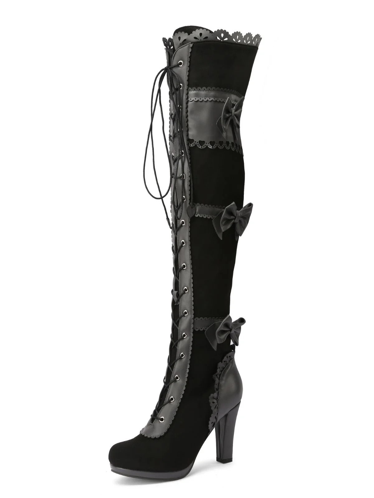 Vintage Bow Lace-Up High Heel Long Boots - Image 5