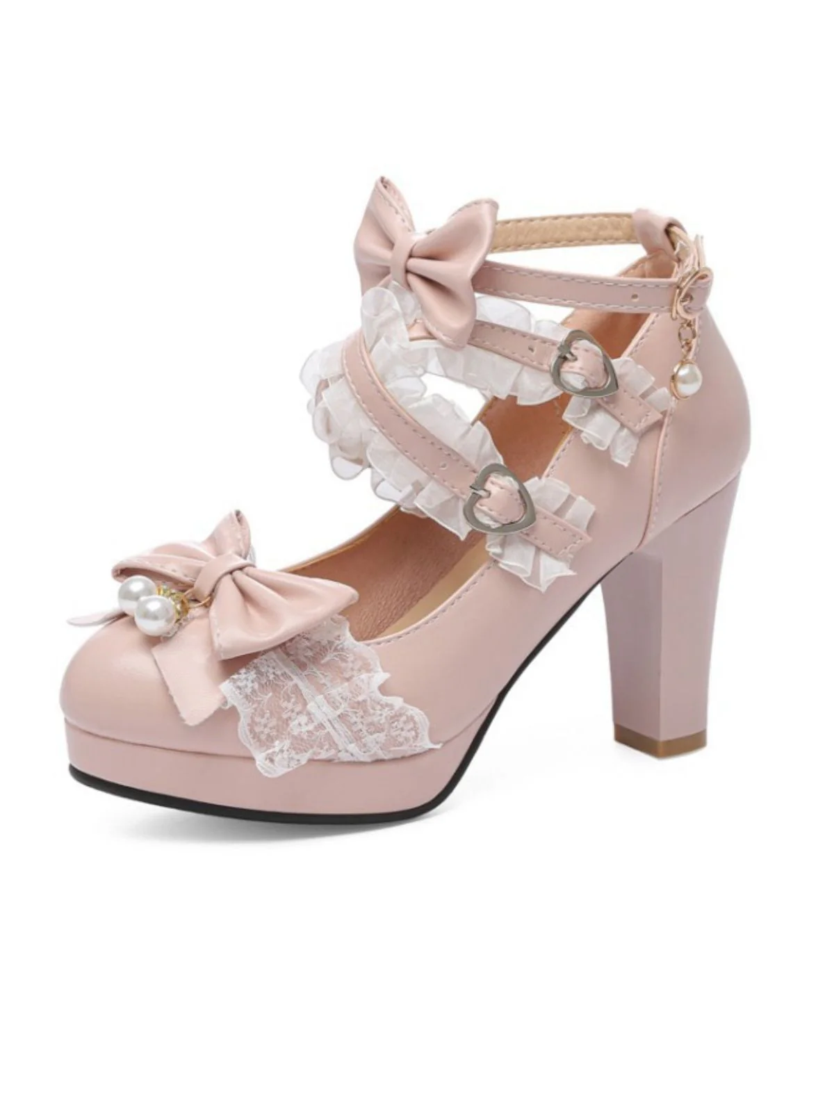 Vintage Bow Pearls Lace Chunky Lolita Heels - Image 4