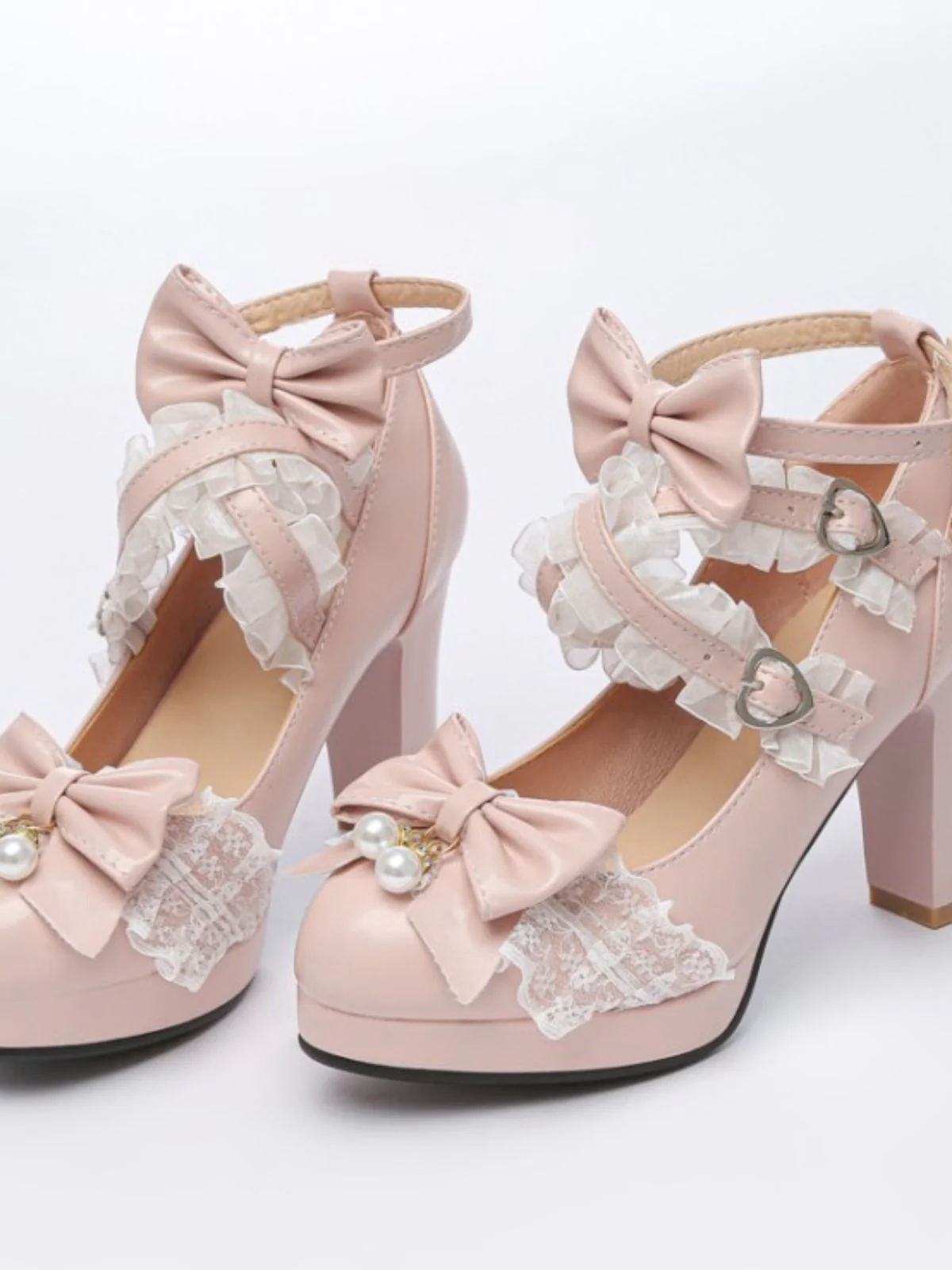 Vintage Bow Pearls Lace Chunky Lolita Heels - Image 5