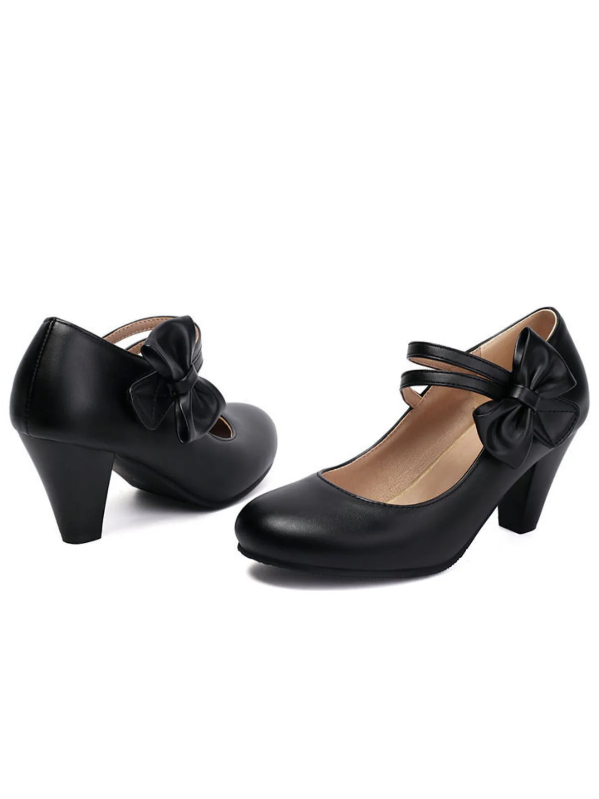 Vintage Bow Strap Solid Leather High Heel Shoes - Image 10