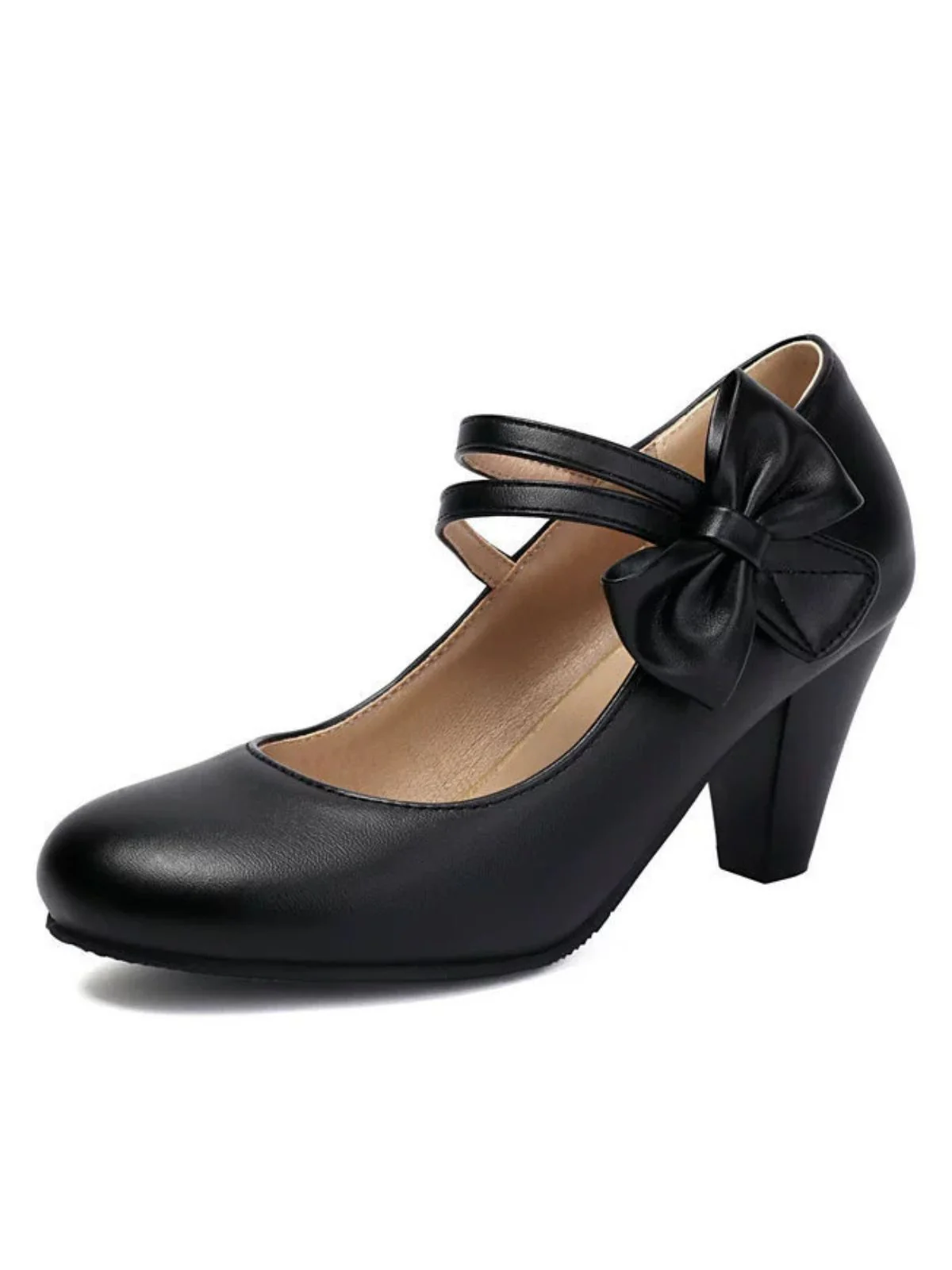 Vintage Bow Strap Solid Leather High Heel Shoes - Image 11