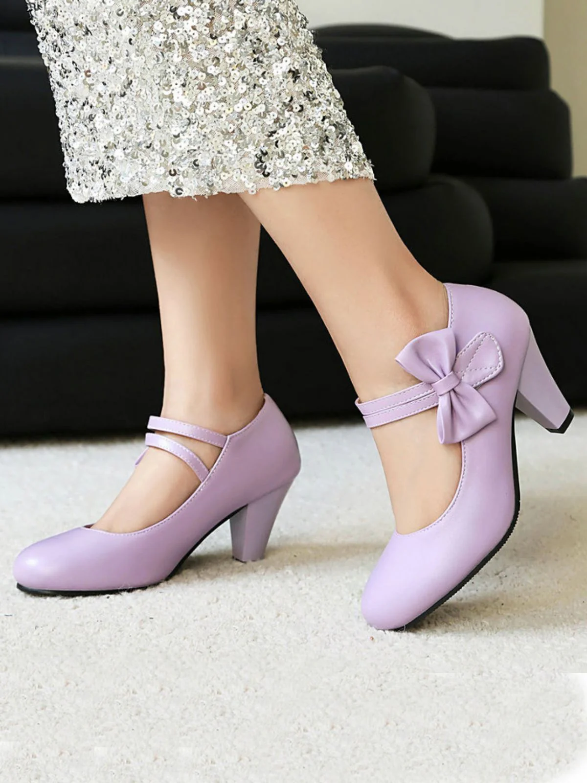 Vintage Bow Strap Solid Leather High Heel Shoes - Image 4