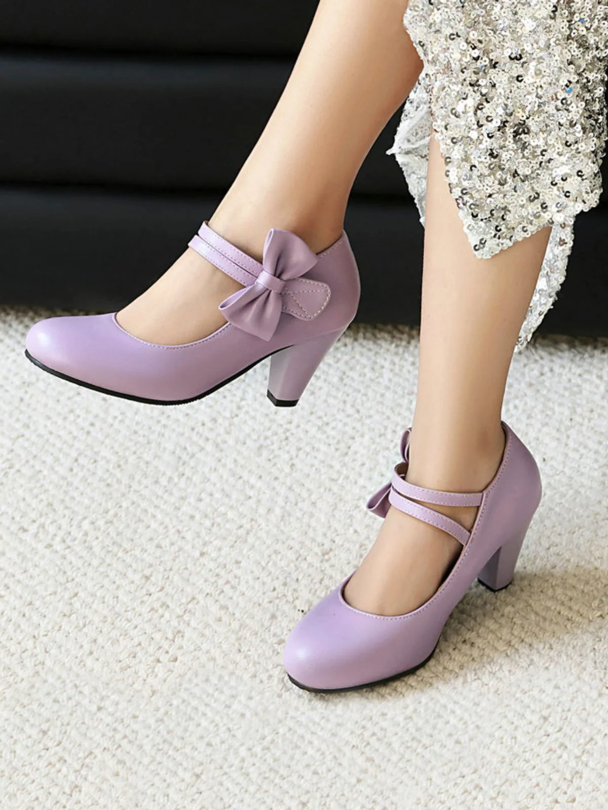 Vintage Bow Strap Solid Leather High Heel Shoes - Image 5