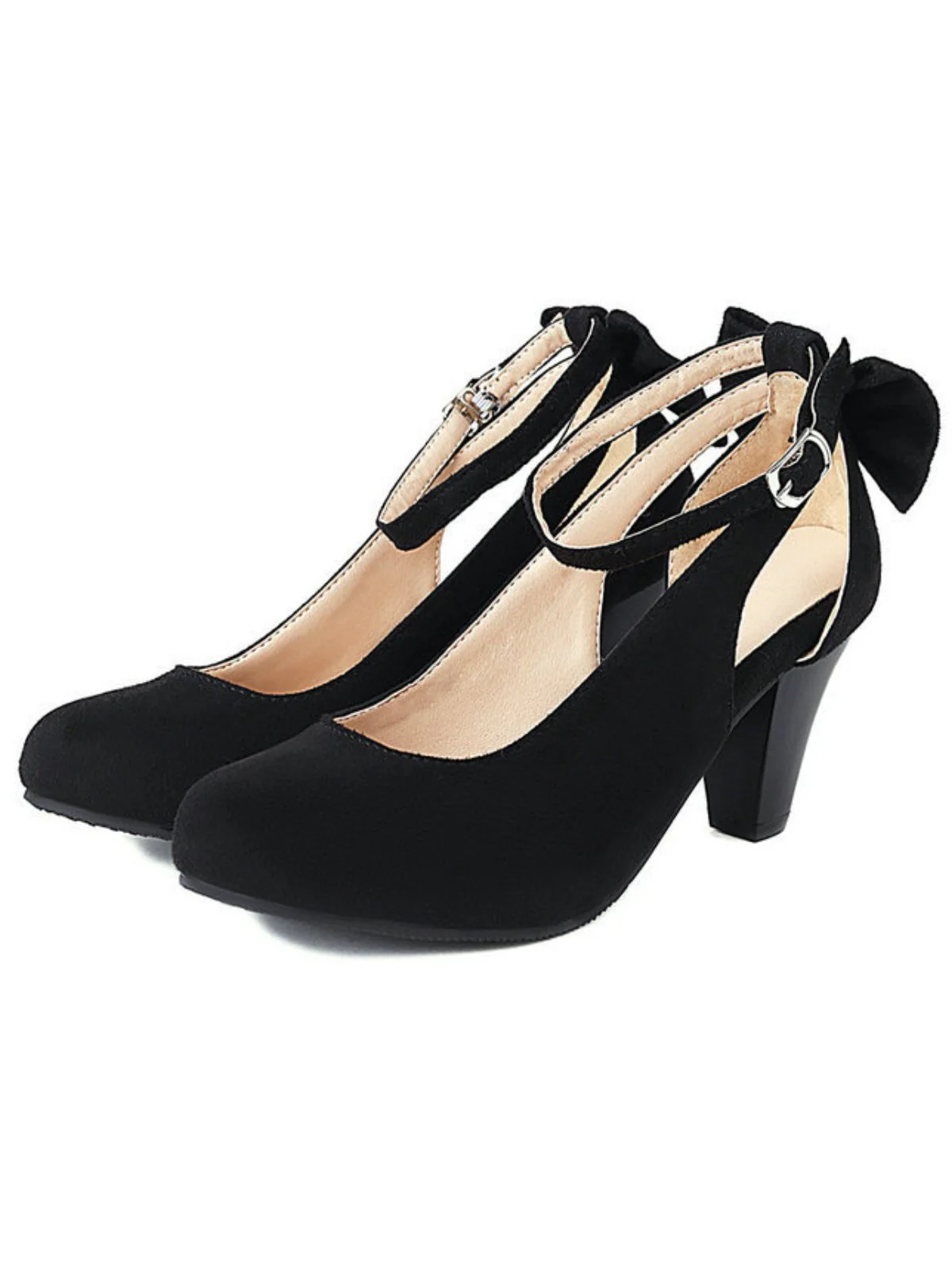Vintage Bowknot Chunky High Heel Suede Shoes - Image 11